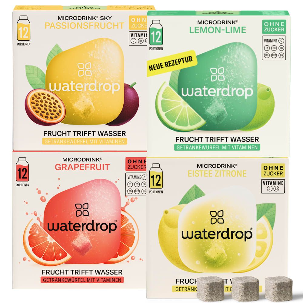 Vier Kartons waterdrop® Microdrink. Sorten: Passionsfrucht, Limette, Grapefruit, Zitrone. Jede Packung enthält 12 Portionen. Ohne Zucker.