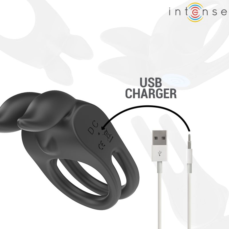 Schwarzer Doppel-Penisring mit USB-Ladekabel. Ring mit DC-Kennzeichnung. USB-Kabel mit zwei Enden.