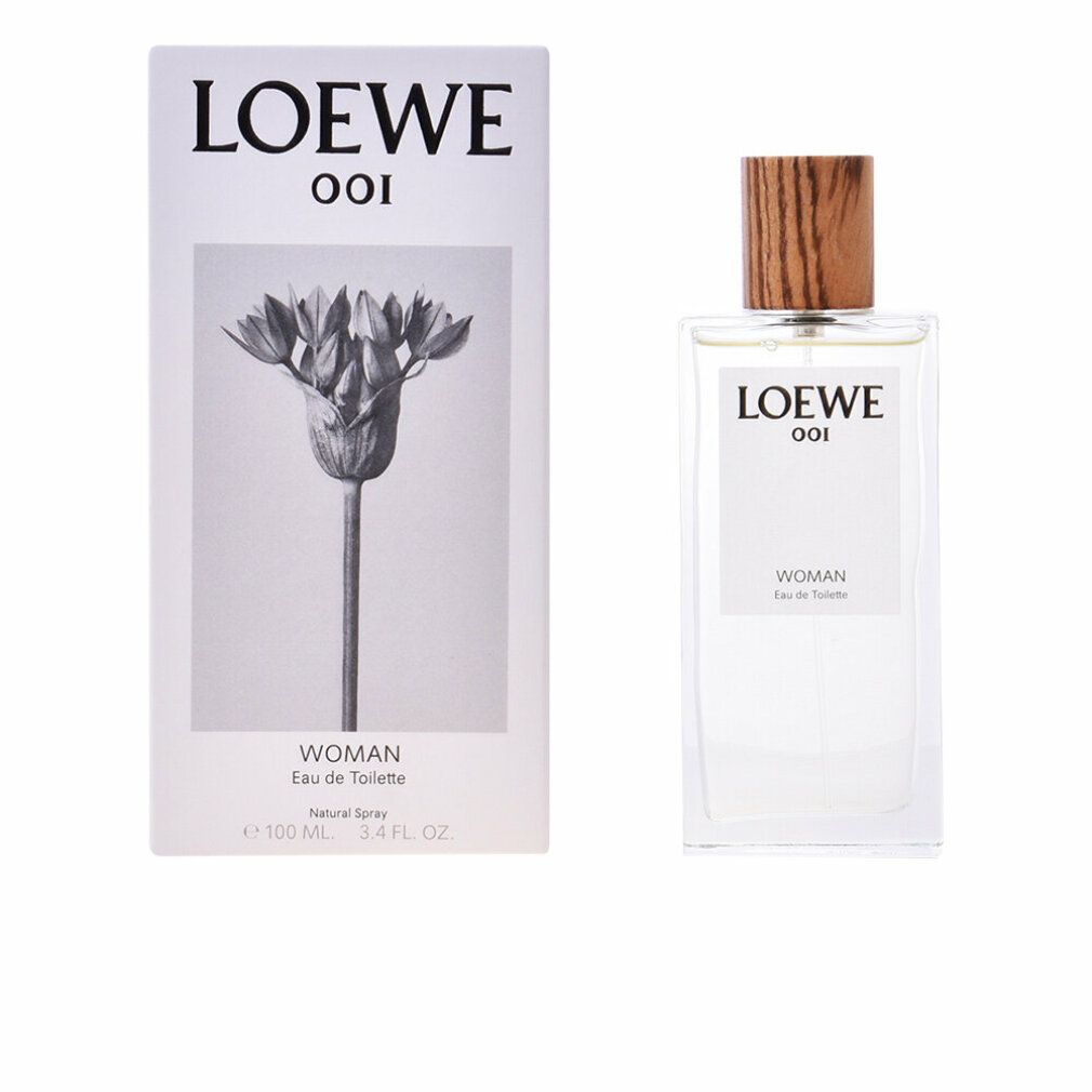Loewe 001 Woman Eau de Toilette Spray. Flakon und Verpackung. Flakon rechteckig, transparent. Holzfarbener Verschluss. Verpackung weiß mit floralem Motiv.