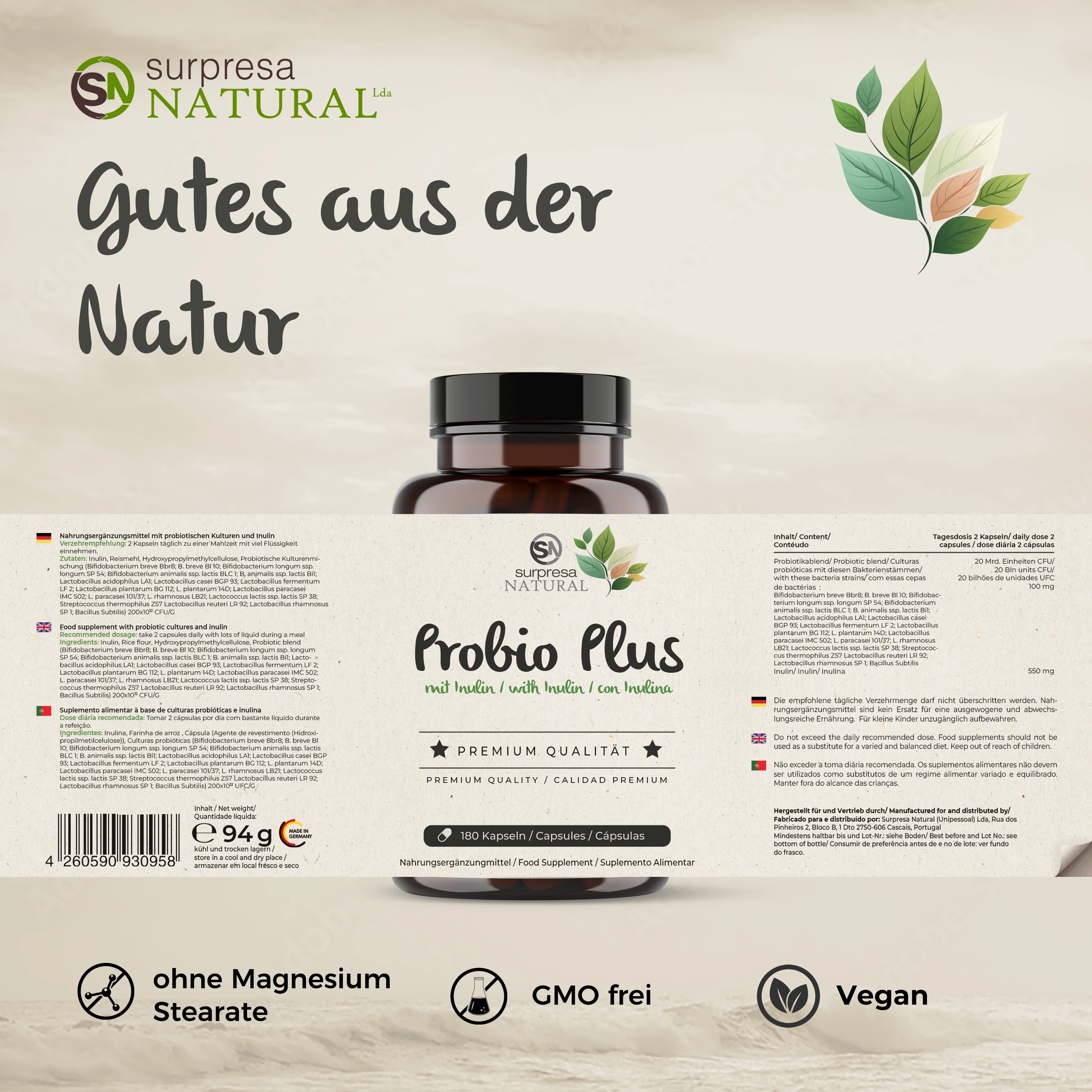 Produktflasche mit Etikett. Text: Surpresa Natural Probio Plus, 180 Kapseln. Zusätzliche Informationen und Logos.