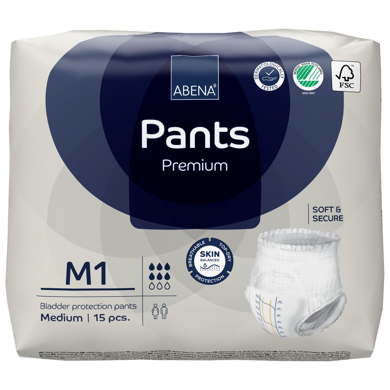 Verpackung Abena Pants Premium M1. Blaue und weiße Verpackung mit Produktabbildung. FSC-Zertifizierung. 15 Stück.