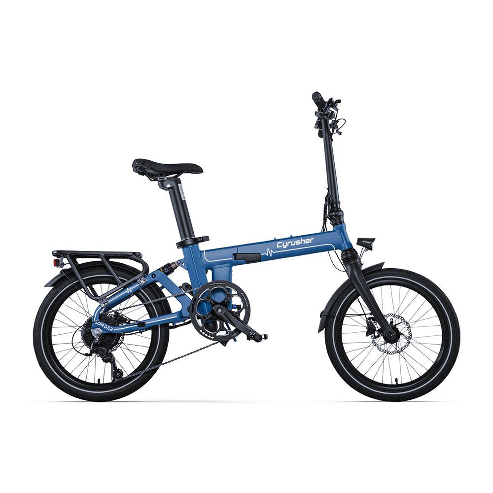 Gefaltetes blaues Elektrofahrrad. Schwarze Reifen, Sattel und Lenker. Gepäckträger hinten.