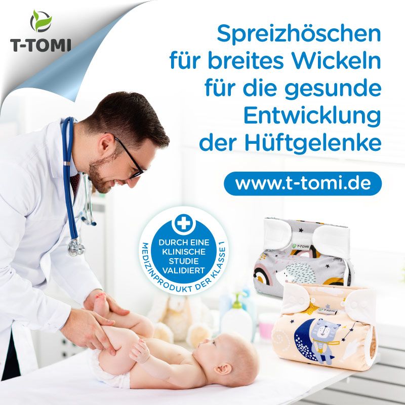 Arzt untersucht Baby, T-TOMI Spreizhöschen für Hüftgelenksentwicklung, klinisch validiert.
