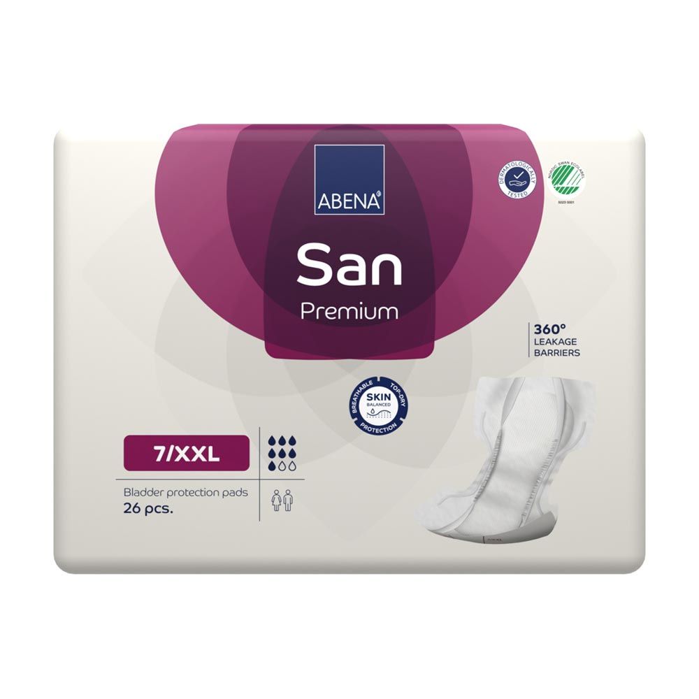 Packung ABENA San Premium Vorlagen. Aufdrucke: San, Premium, 7/XXL, 26 Stück, Skin Protection. Vorlage daneben.