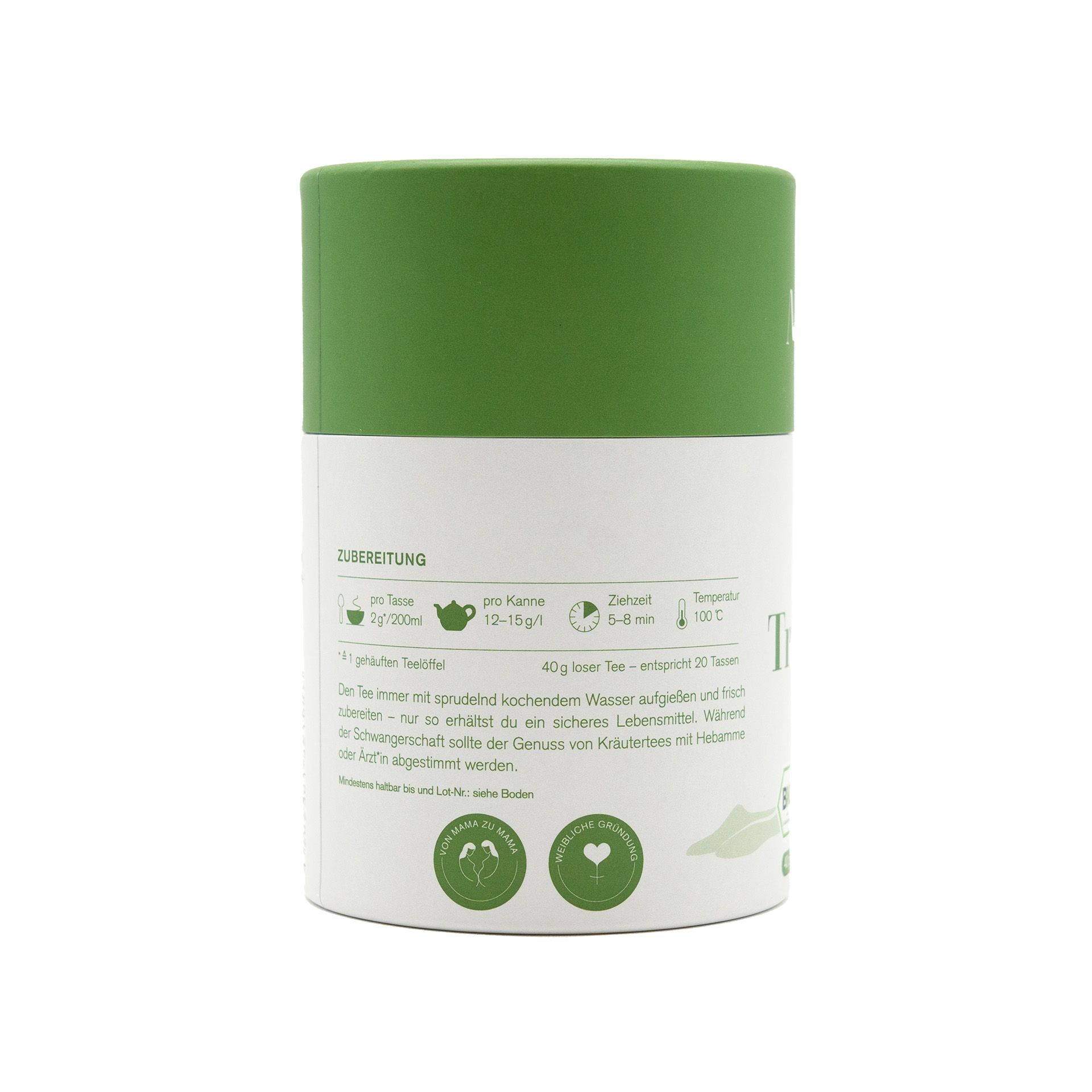 Zylindrische Teeverpackung mit grünem Deckel. Aufschrift: Zubereitung, 1 TL Tee, 200ml Wasser, 5-8 min ziehen lassen, 100°C. Bio-Siegel.