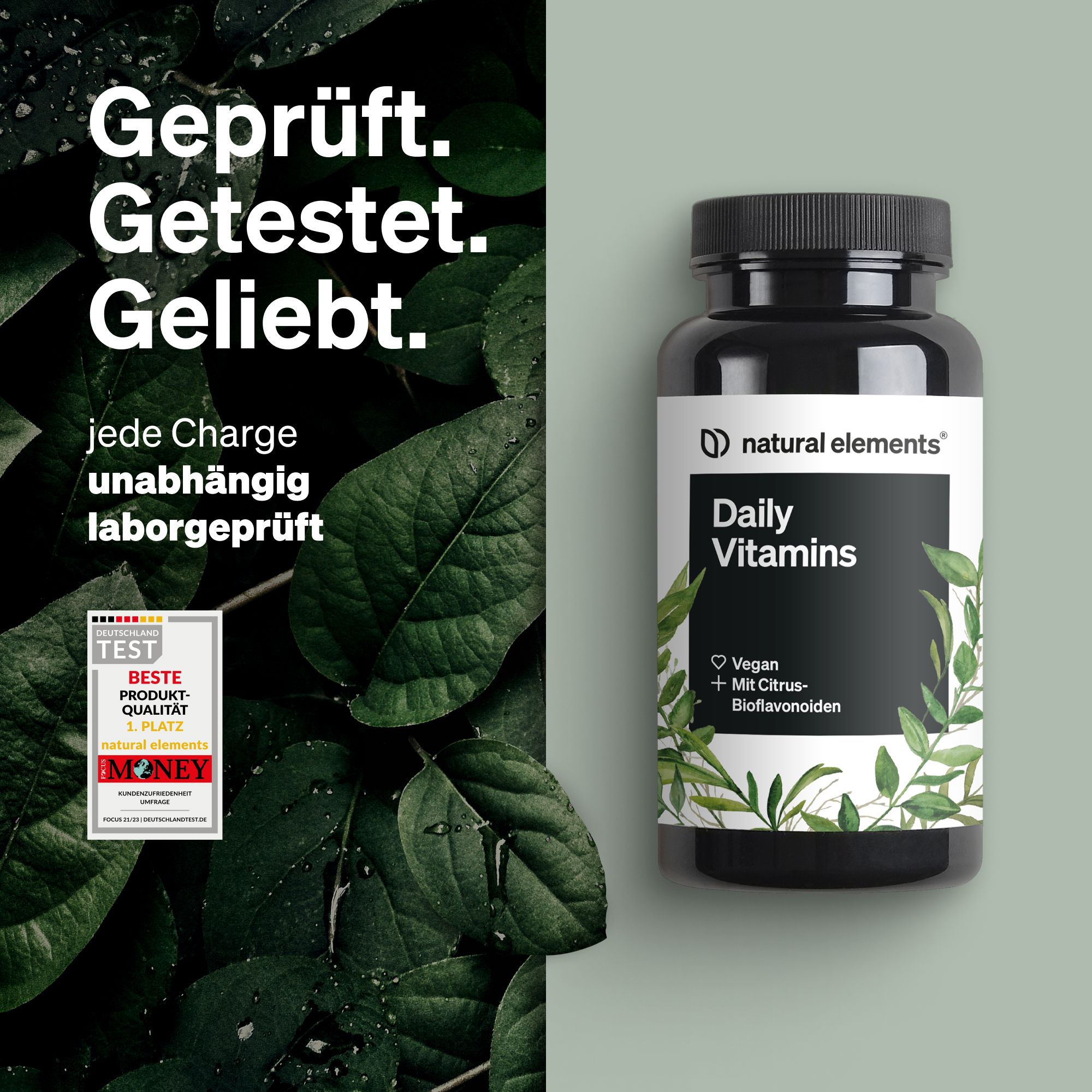 Schwarze Flasche mit "Daily Vitamins" neben Blättern. Text: "Geprüft. Getestet. Geliebt." und "beste Produkt-Qualität".