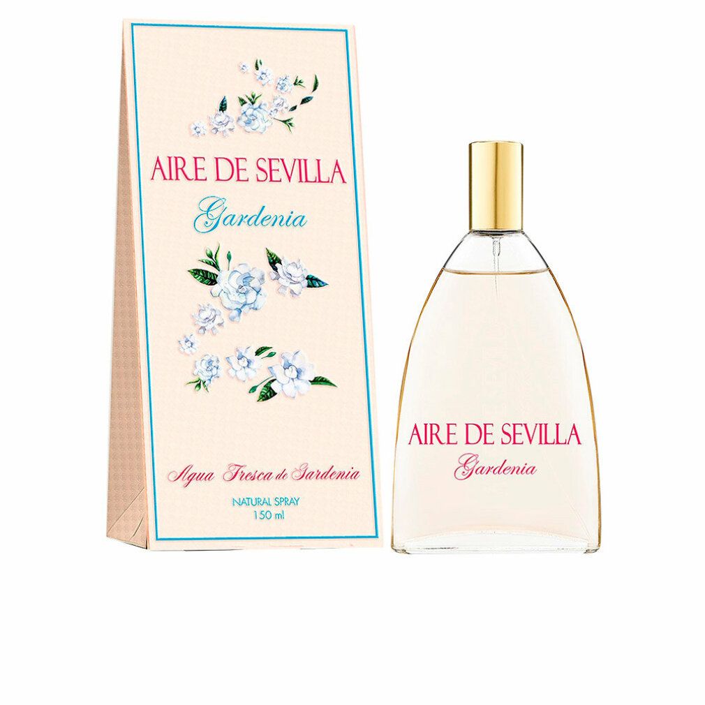 Parfümflasche mit goldfarbenem Verschluss und Karton. Aufschrift: Aire de Sevilla Gardenia. Karton mit Blumenmuster.