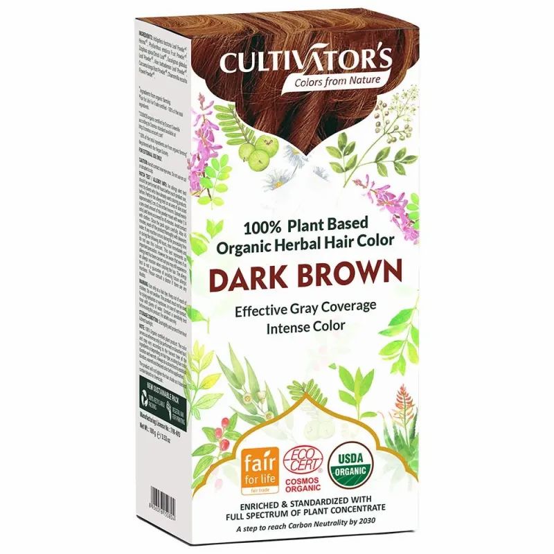 Verpackung von CULTIVATOR'S Pflanzenhaarfarbe Dunkelbraun. Enthält Logos für Bio-Zertifizierungen und Fair for Life. Text: 100% pflanzlich, intensive Farbe.