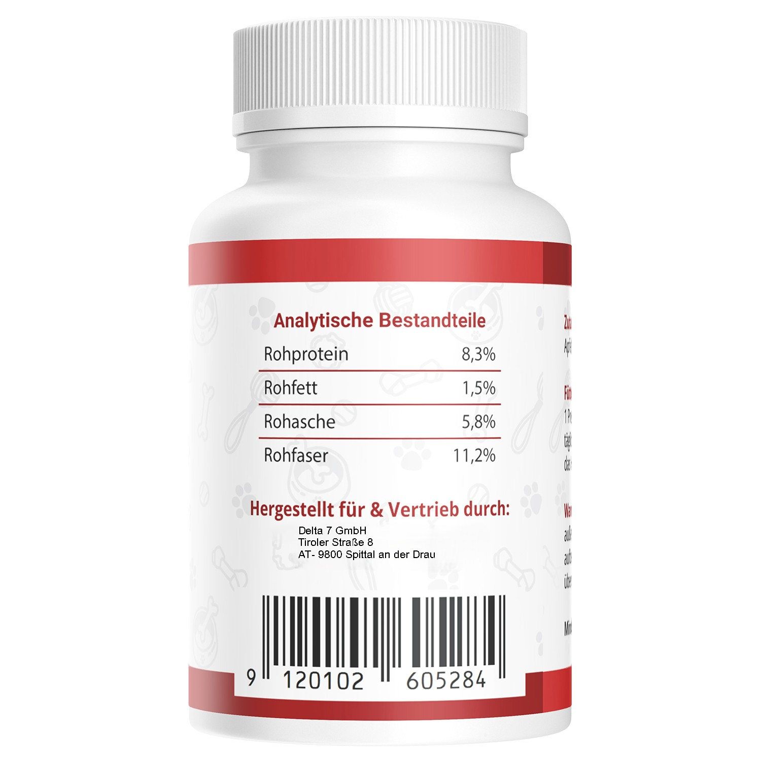 Rückseite der Flasche. Analytische Bestandteile: Rohprotein, Rohfett, Rohasche, Rohfaser. Herstellerinformationen und Barcode.