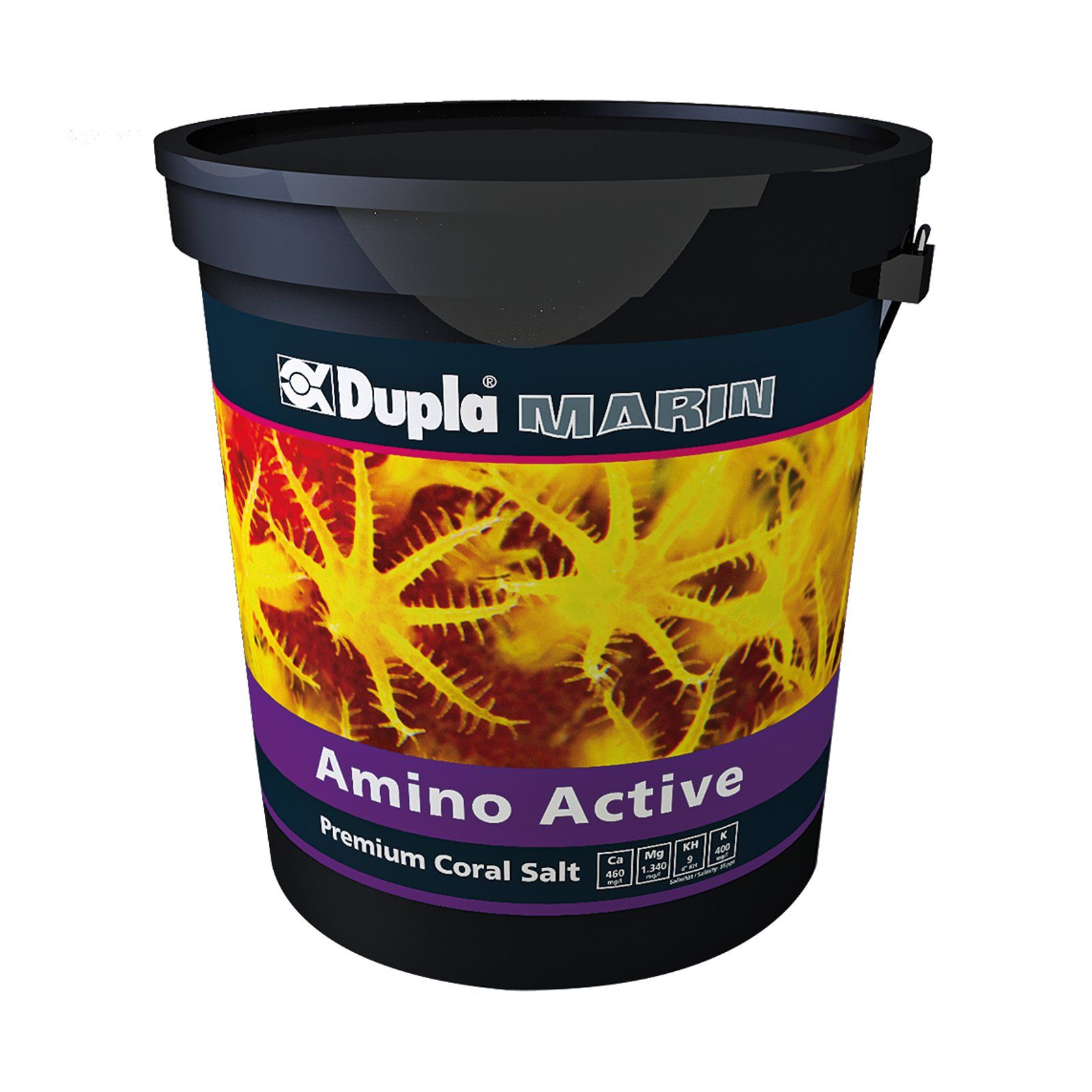 Schwarzer Eimer mit Aufschrift "Dupla Marin Amino Active Premium Coral Salt". Gelb-rotes Korallenmuster.
