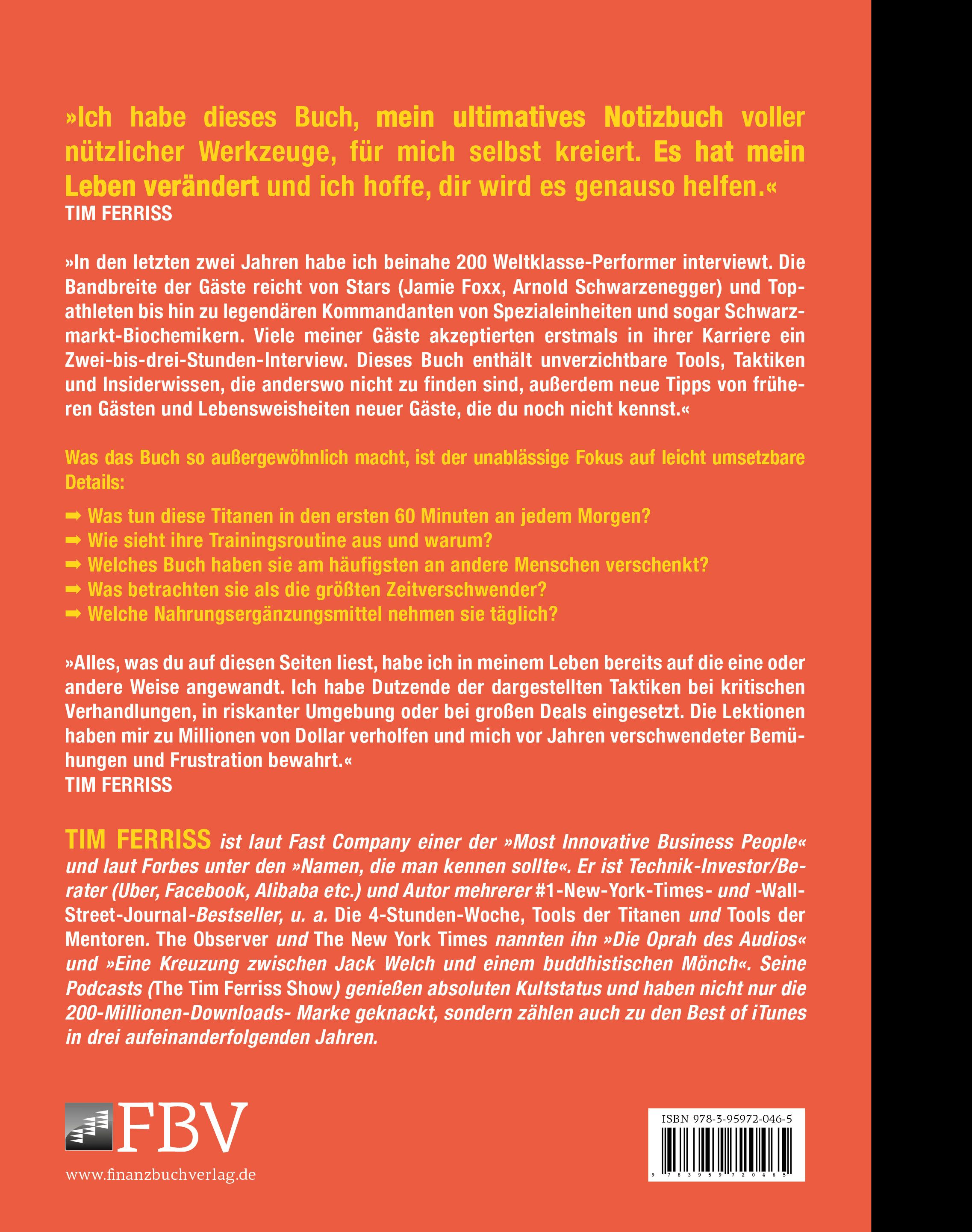 Rückseite des Buches "Tools der Titanen". Text in deutscher Sprache auf orangefarbenem Hintergrund. ISBN-Code.