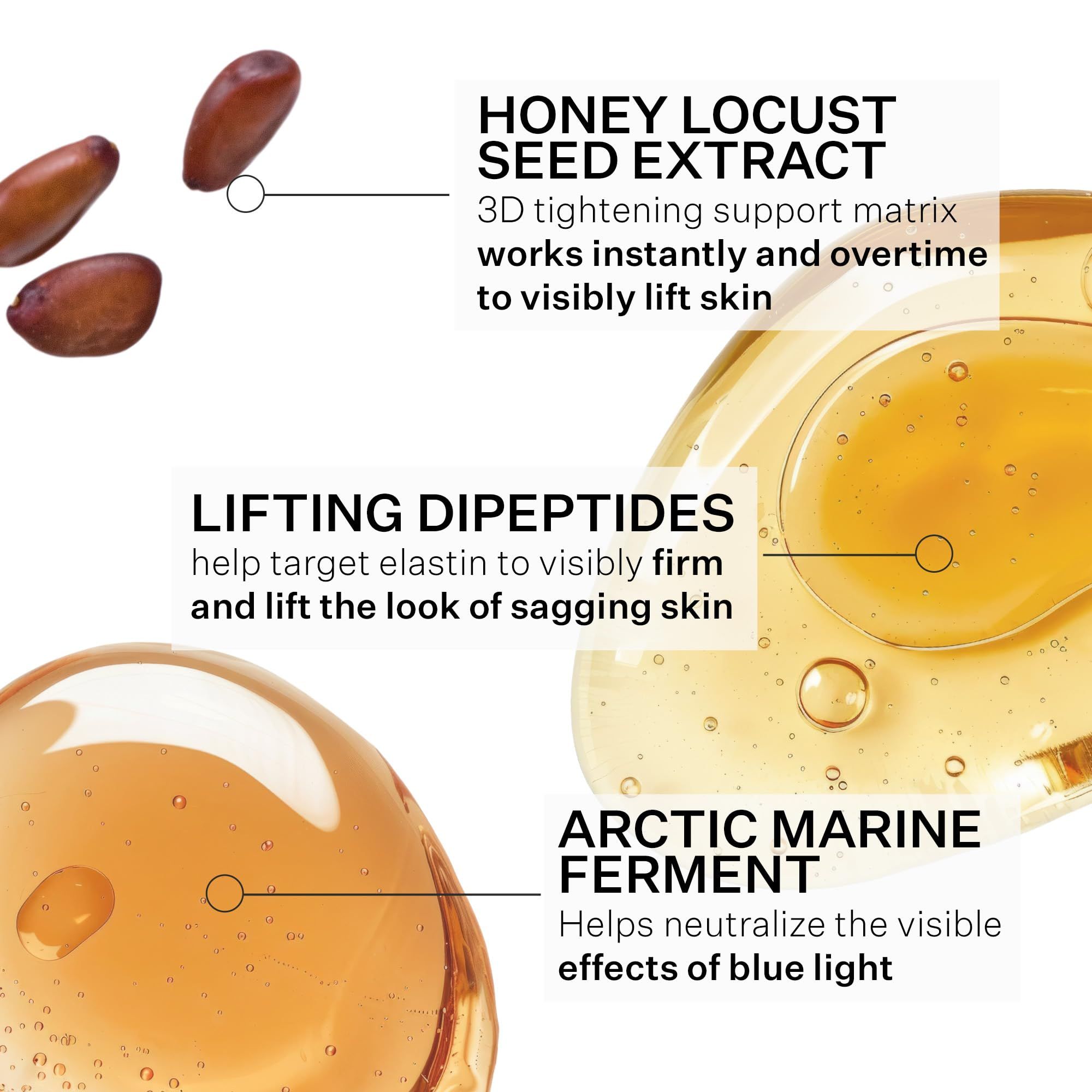 Nahaufnahme von Inhaltsstoffen. Tropfen, Samen und Text über Inhaltsstoffe.