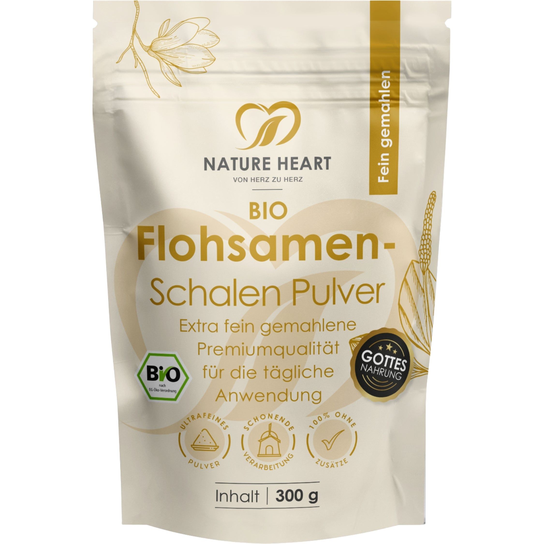 Nature Heart BIO Flohsamenschalen Pulver, fein gemahlen, 300g Beutel.