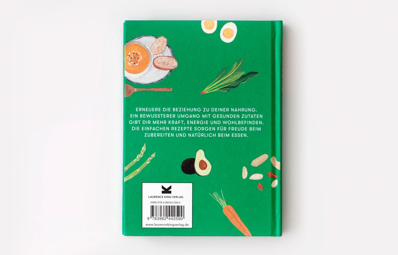Buchrückseite mit Illustrationen von Lebensmitteln auf grünem Hintergrund. Text in deutscher Sprache.