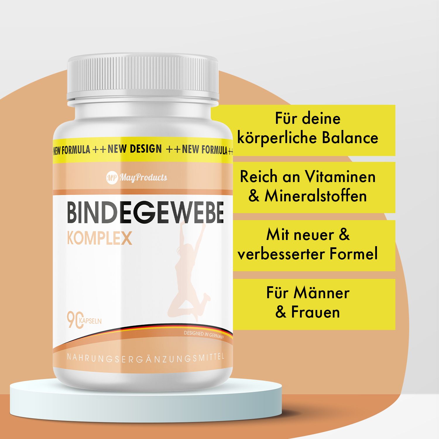 Weiße Flasche mit Kapseln. Aufschrift: Bindegewebe Komplex. 90 Kapseln. Orangefarbene Etiketten. Aufdruck: MayProducts. Gelbe Infoboxen.
