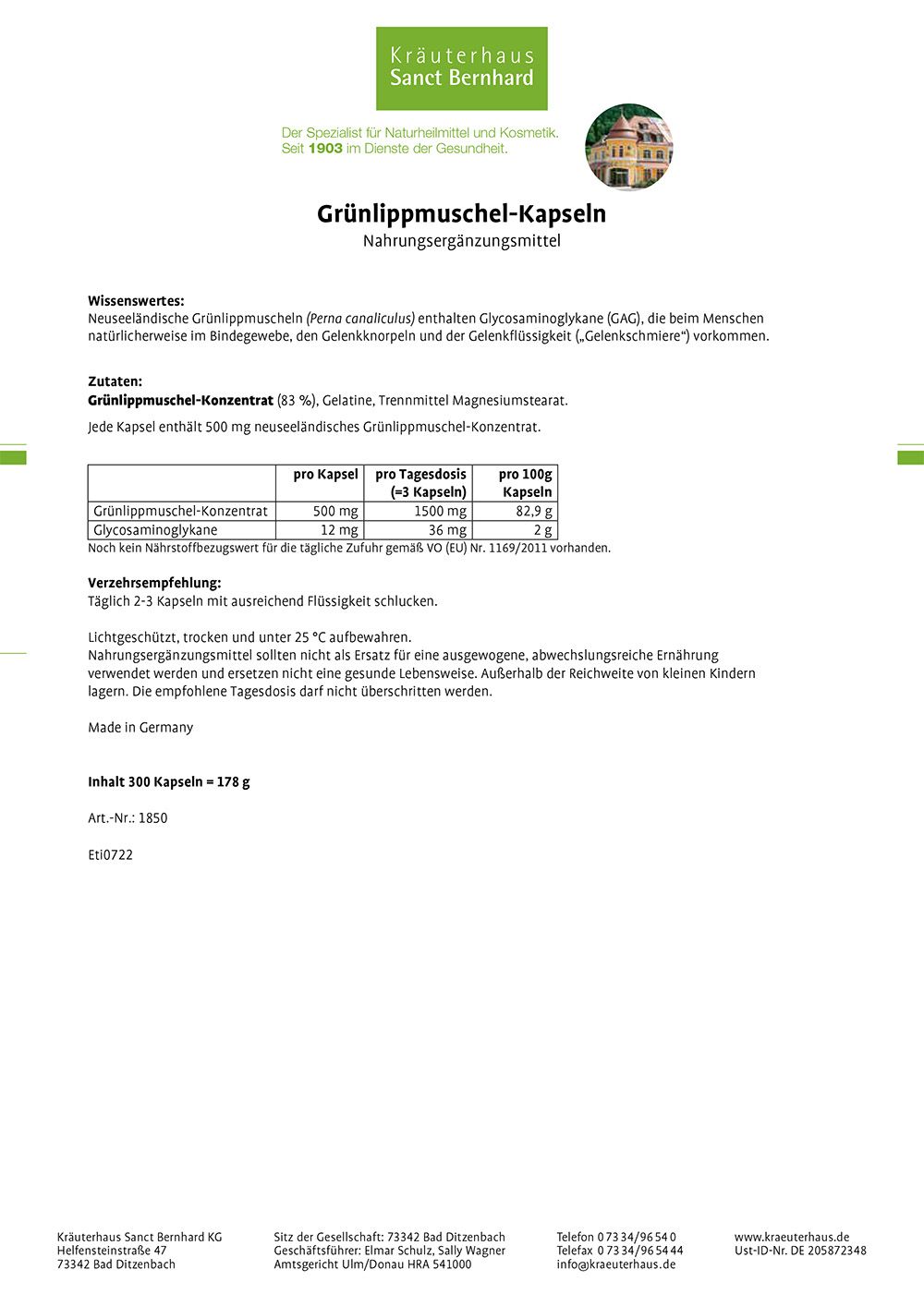 Weißes Blatt mit Text. Grünlippmuschel-Kapseln, Nahrungsergänzungsmittel. Zutaten, Nährwertangaben, Verzehrempfehlung, Hersteller.