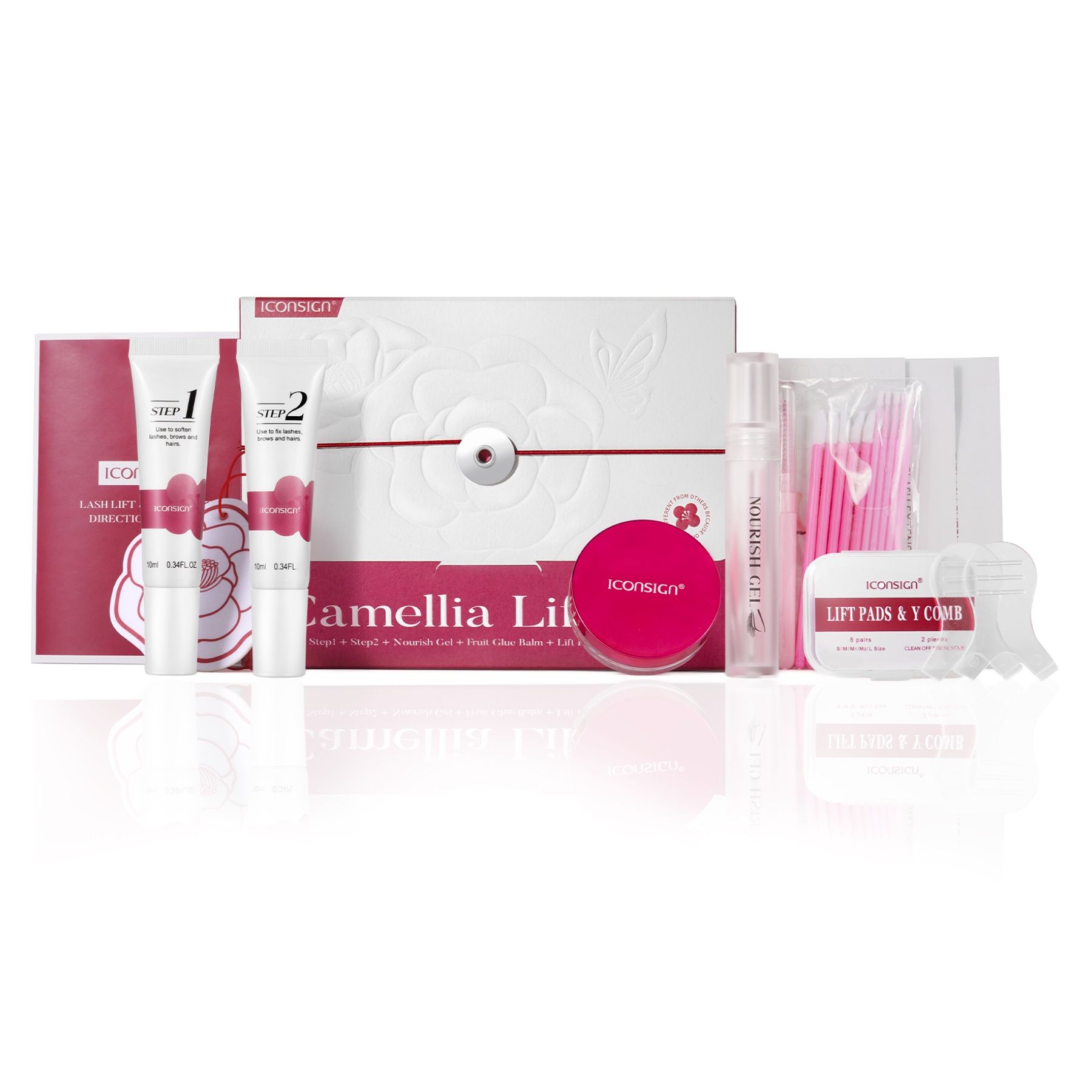 Set zur Laminierung von Wimpern und Augenbrauen. Enthält Cremes, Pads, Bürsten und Zubehör. Rosa und weiße Verpackung.