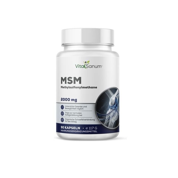 VitaSanum® MSM 2000 mg Kapseln: Weißer Behälter mit blauem Etikett, zeigt Gelenkabbildung und Produktinformationen.