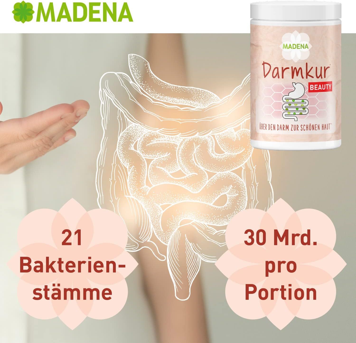 MADENA Darmkur Beauty-Dose. 21 Bakterienstämme und 30 Mrd. pro Portion. Abbildung des Darms.
