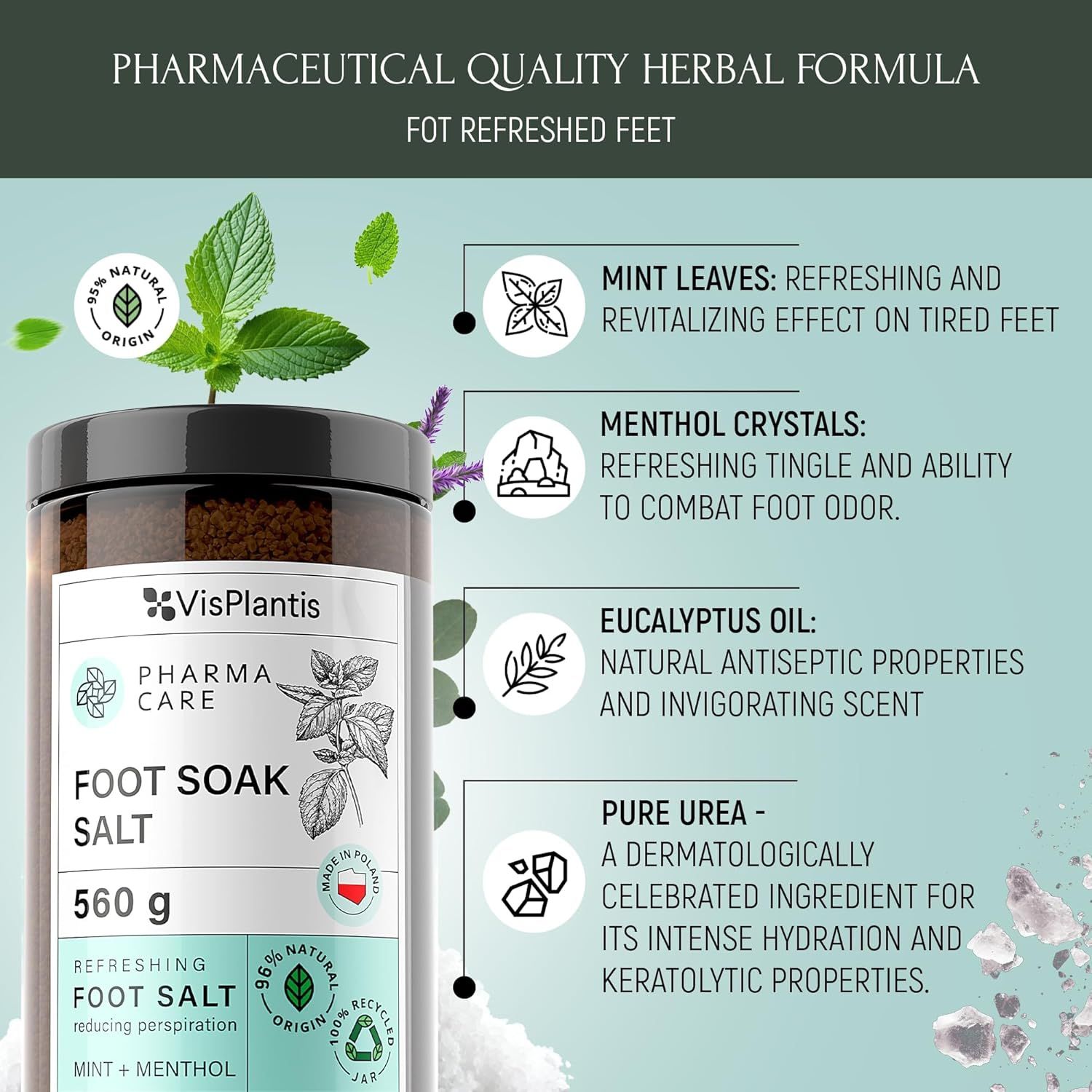 Dose mit Etikett. Text: Foot Soak Salt, 560g, Refreshing Foot Salt, Mint + Menthol. Logos: 96% Natural Origin, Recycled.