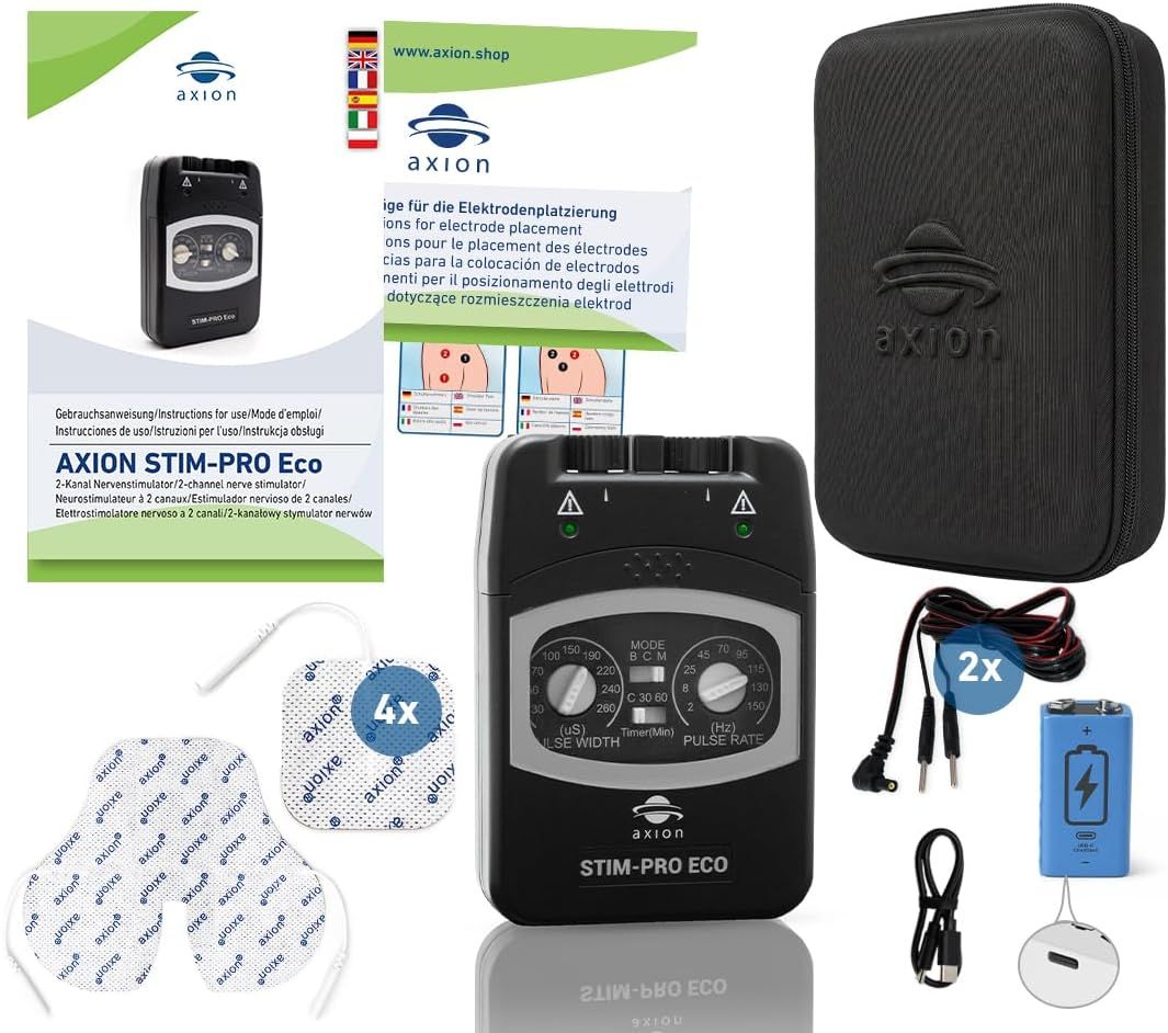 axion STIM-PRO Eco TENS-Gerät mit Zubehör, Elektroden, Akku, Kabel und Anleitung auf Deutsch und anderen Sprachen.