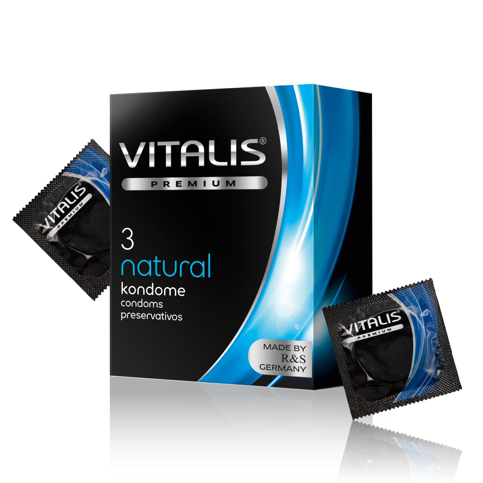 Vitalis PREMIUM Natural Kondom-Packung mit 3 Stück, schwarzer Karton mit blauen Akzenten.