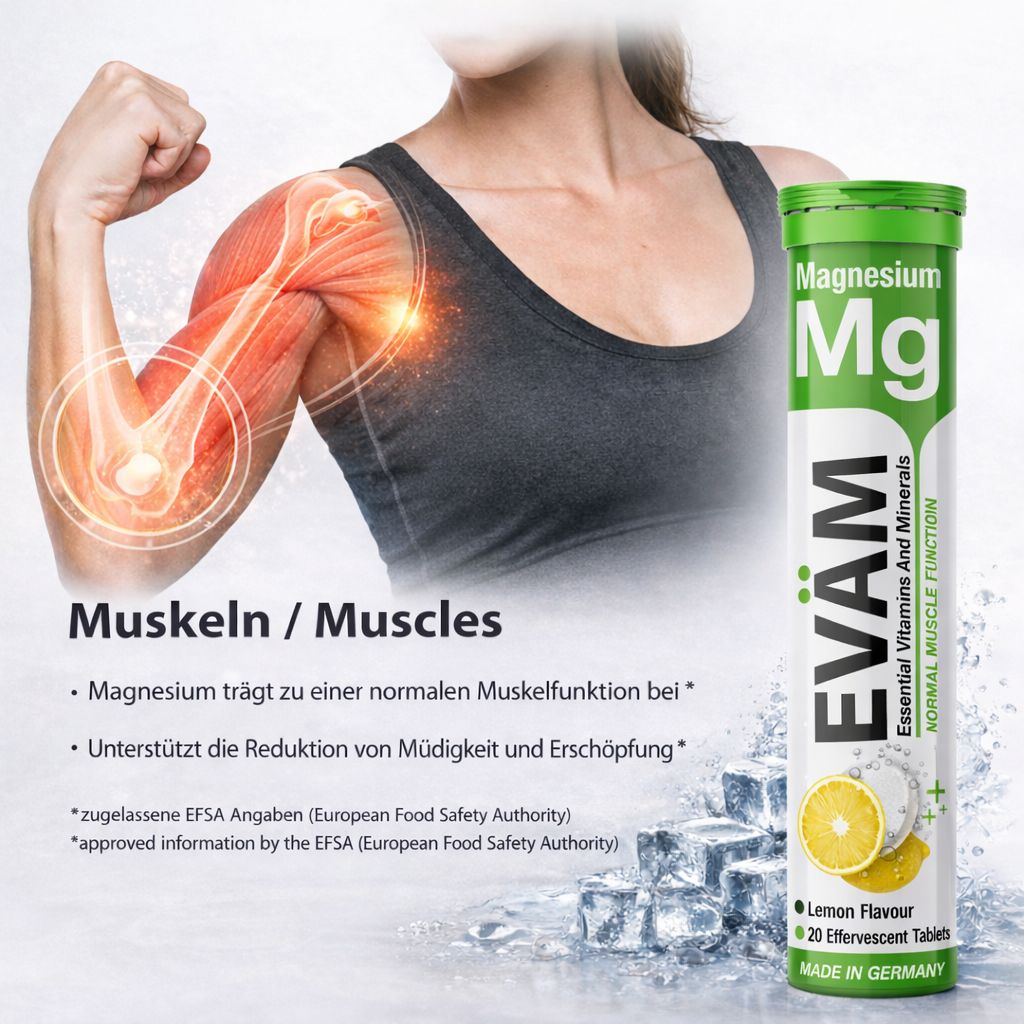 Muskeln-Illustration. Text: Magnesium trägt zu einer normalen Muskelfunktion bei. Magnesium Brausetabletten-Tube.