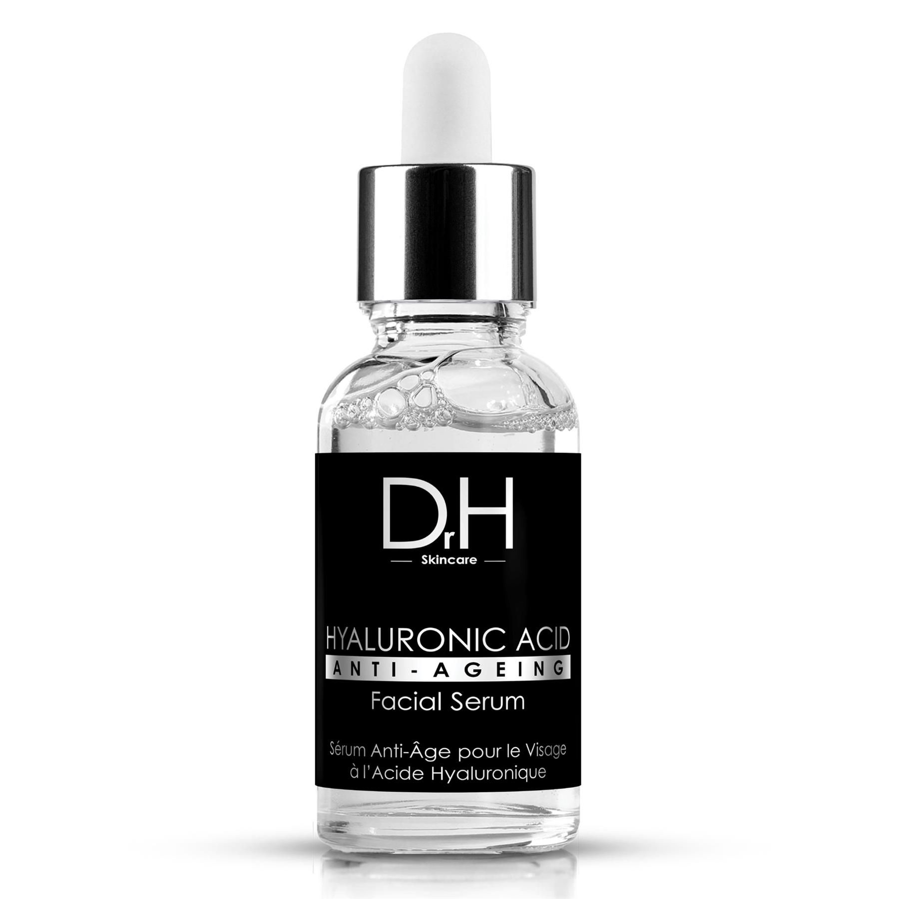 Dr H Hyaluronsäure Anti-Aging Gesichtsserum in einer klaren Glasflasche mit Pipettenverschluss.