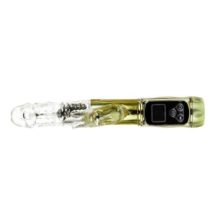 Vibrator mit goldfarbenem Schaft, transparentem Kopf und Hasenohren. Bedienfeld und Display.