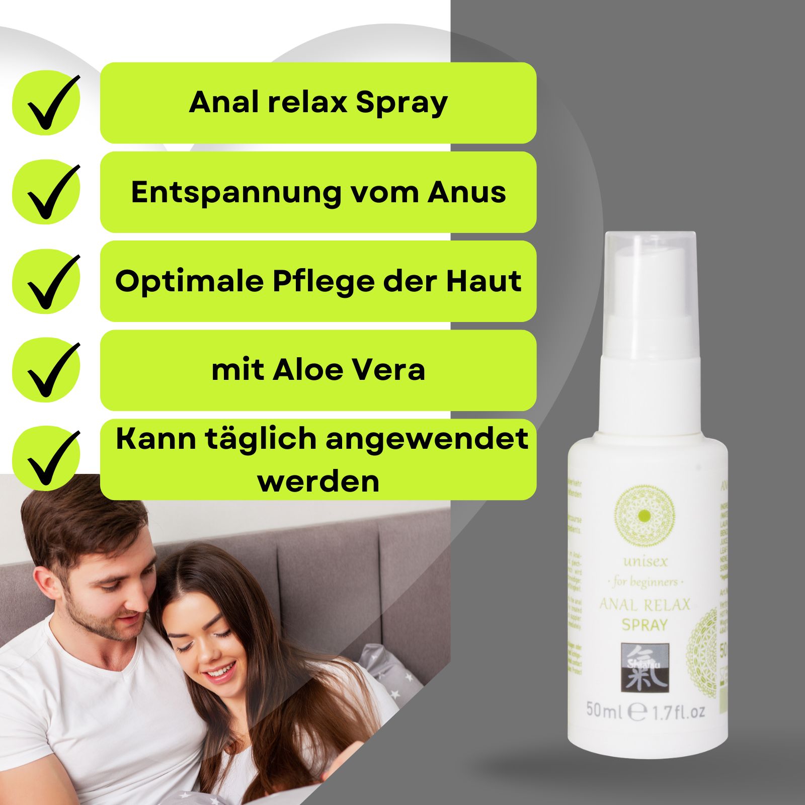 Produkt und Verpackung. Text: ANAL RELAX SPRAY, unisex, Shiatsu. 50 ml. Paar im Bett.