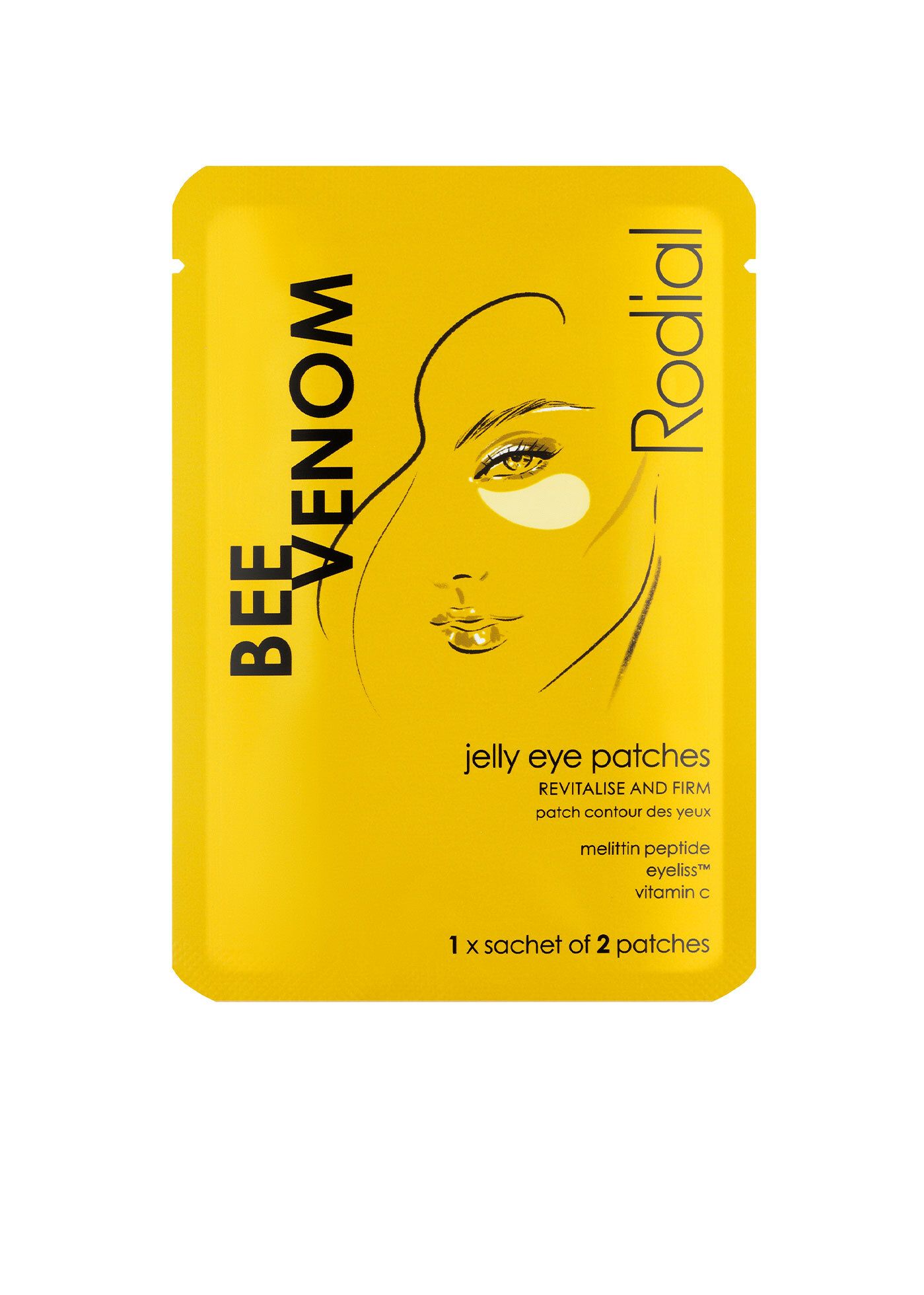 Gelbe Einzelverpackung mit Produktnamen und Illustration. Text: Jelly Eye Patches, 1 Sachet mit 2 Patches.
