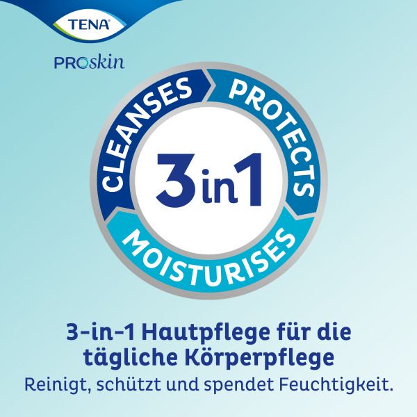 Kreisförmiges Logo mit Text: Reinigt, schützt, befeuchtet. 3-in-1. Text: 3-in-1 Hautpflege für die tägliche Körperpflege.