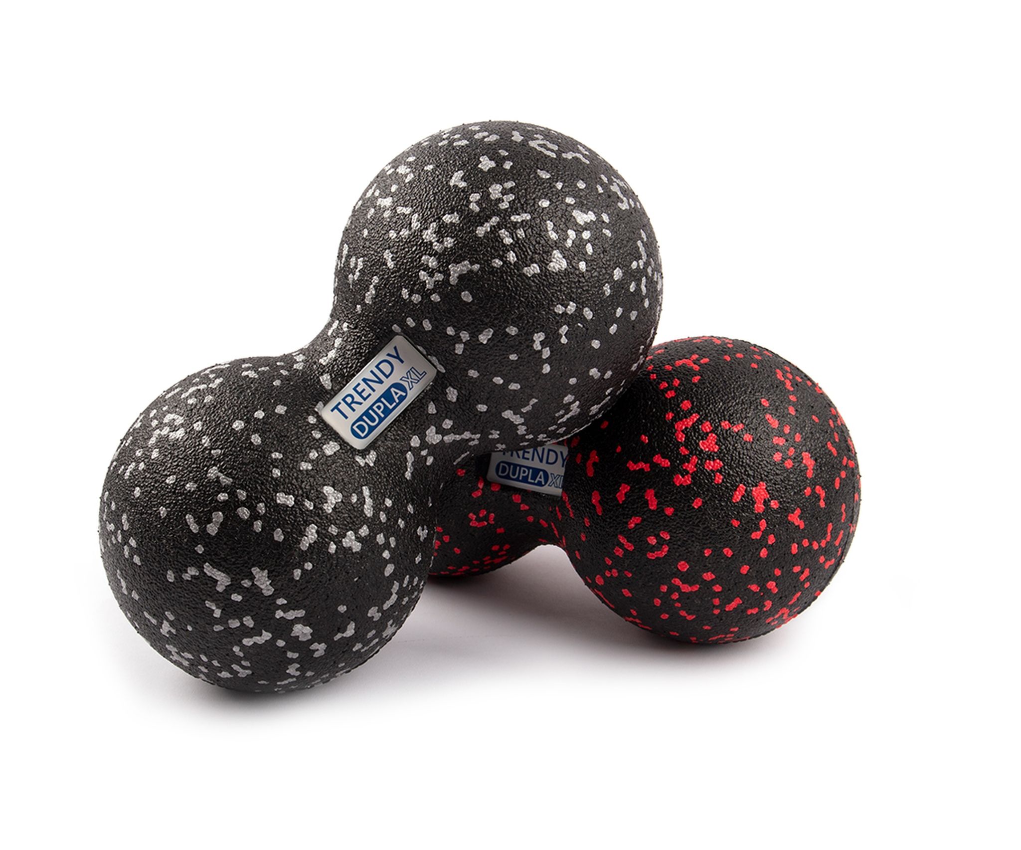 Faszienduoball, schwarz mit weißen Punkten und rotem Ball mit roten Punkten. Trendy Dupla XL Label.