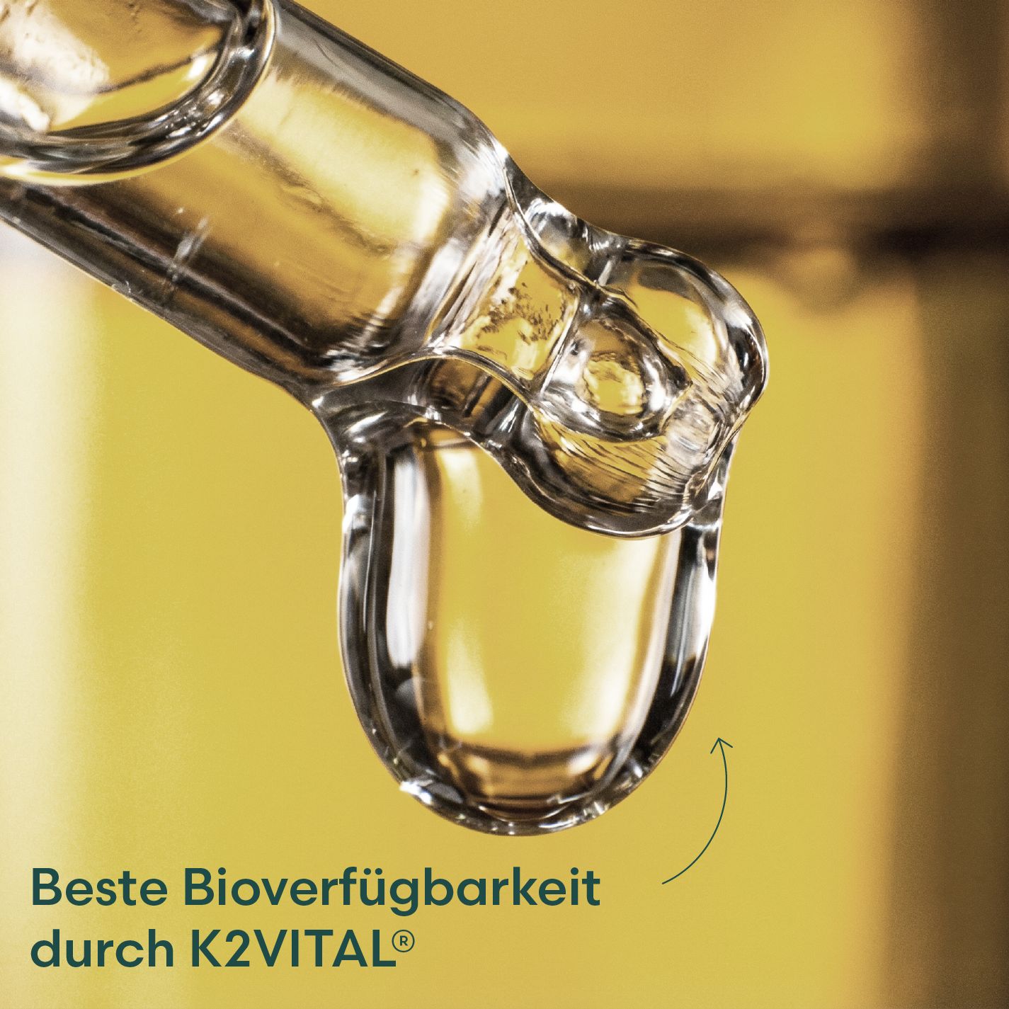Nahaufnahme eines Tropfens Flüssigkeit, der aus einem Glas-Tropfer tropft. Gelber Hintergrund. Text: Beste Bioverfügbarkeit durch K2VITAL®.