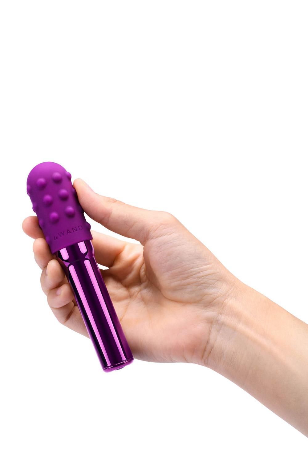 Hand hält ein lila Wellness-Produkt. Geriffelte Spitze, glatter Schaft. Der Schriftzug "Le Wand" ist sichtbar.