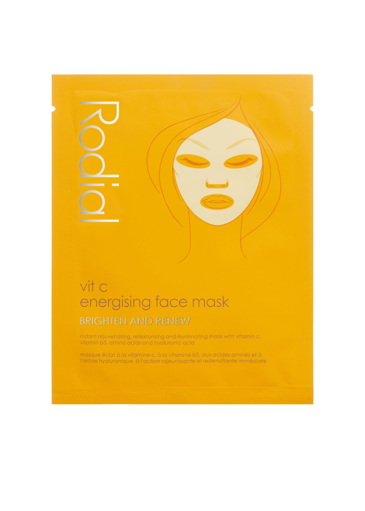 Gelbe Verpackung mit Gesichtsmotiv. Schriftzug Rodial, Vit C Energising Face Mask. Text: Brighten and Renew.
