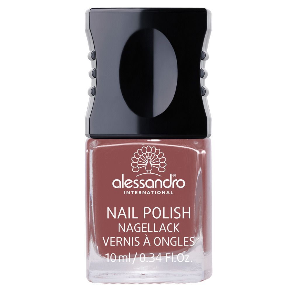 Nagellack-Fläschchen, braun-rosa. Schwarzer Deckel. Aufschrift: alessandro, Nail Polish, Nagellack, Vernis à Ongles. 10 ml/0.34 Fl.Oz.