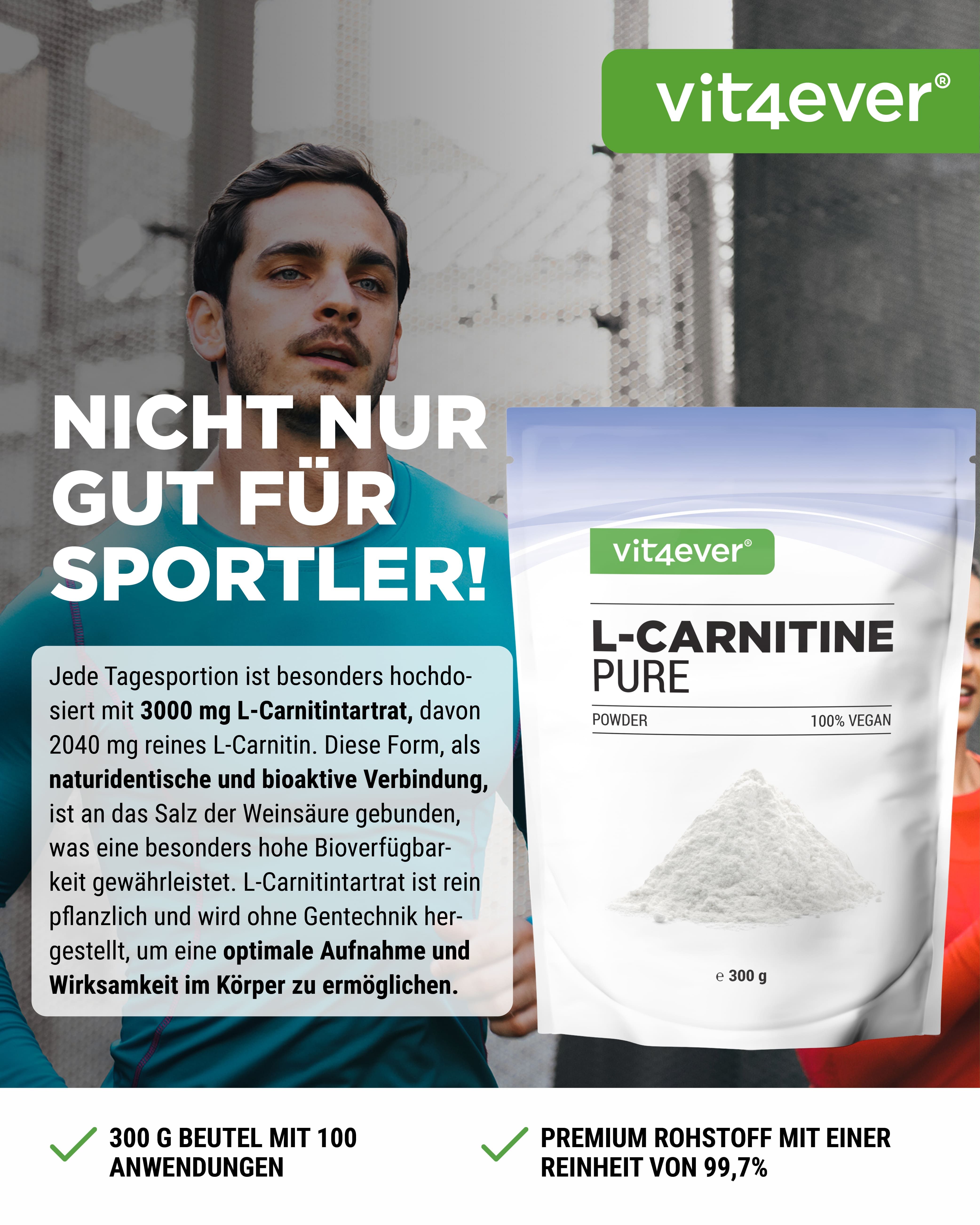 Mann vor Text und Produkt. Text: Nicht nur gut für Sportler! Produkt: L-Carnitine Pure, 100% vegan. Marke: vit4ever. Beutel mit Pulver, e 300 g.