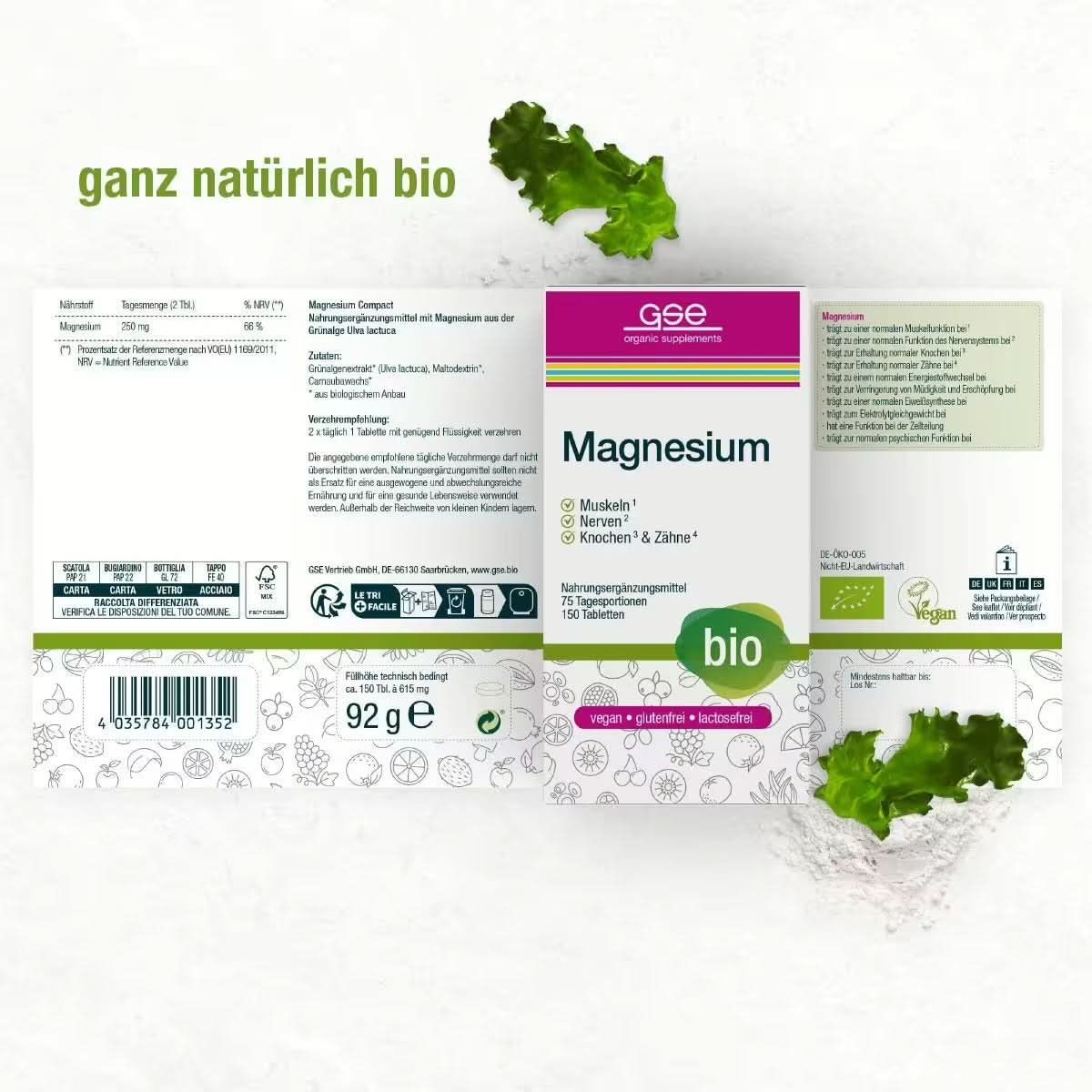 Geöffnete Verpackung mit "Magnesium"-Aufdruck. "gse organic supplements"-Logo. "bio"-Siegel. 150 Tabletten. Produktinformationen.