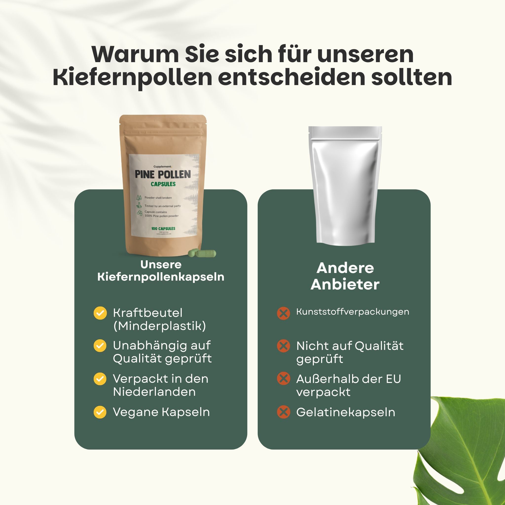 Vergleich von Kiefernpollen-Kapseln und anderen Anbietern. Kraftbeutel, vegane Kapseln, geprüft. Andere: Kunststoffverpackung, Gelatinekapseln.