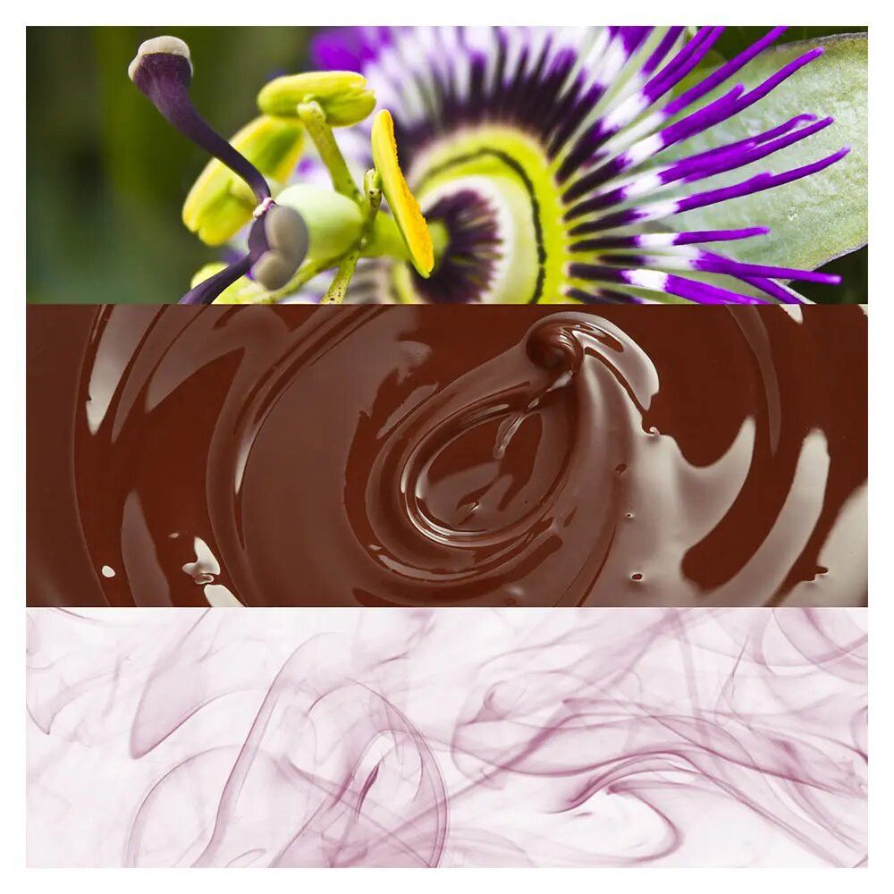 Drei horizontale Streifen: Passionsblume, geschmolzene Schokolade, Rauch. Farben: Lila, Braun, Weiß.