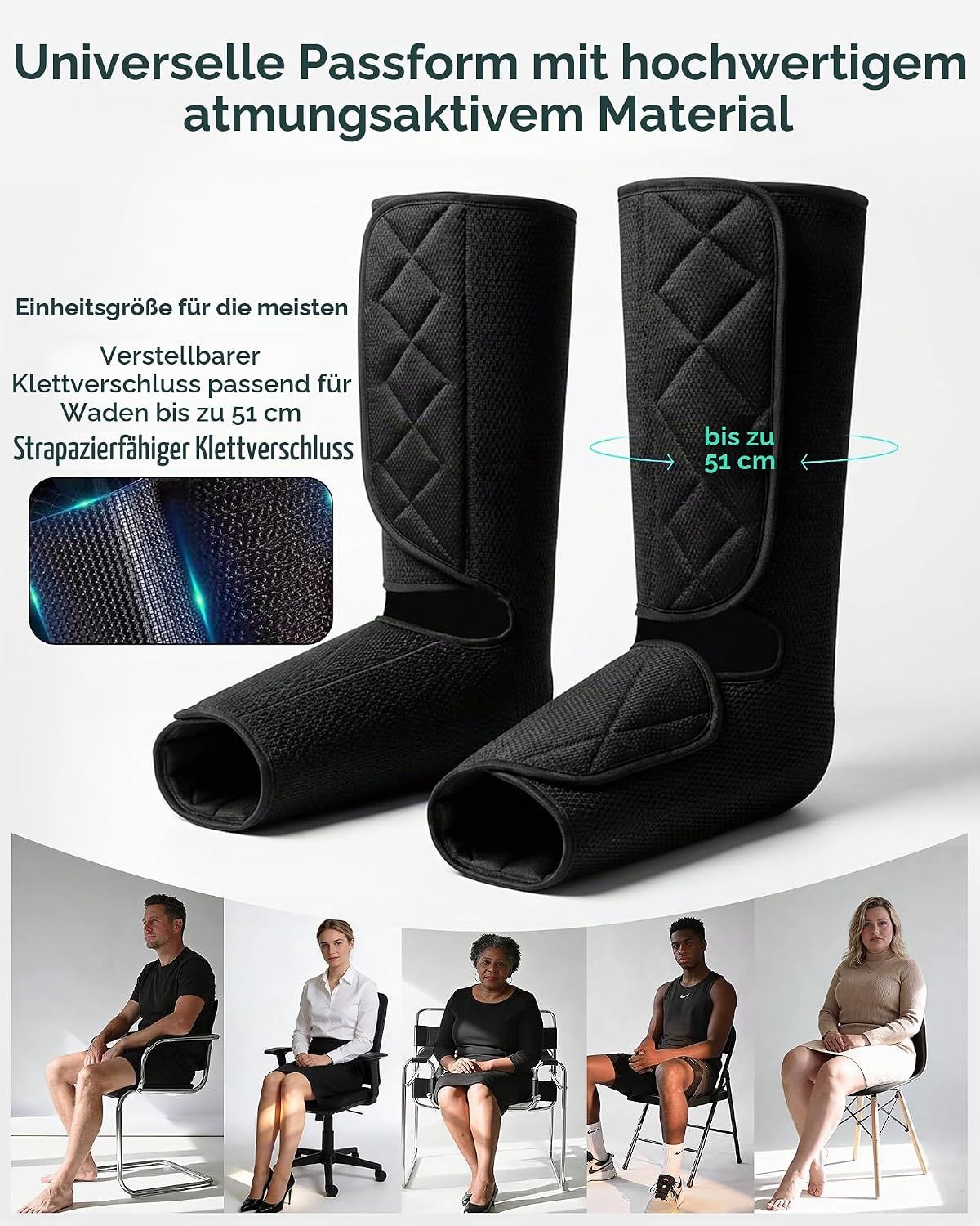 Schwarze Beinmassagegeräte mit gepolsterter Oberfläche und Klettverschluss.