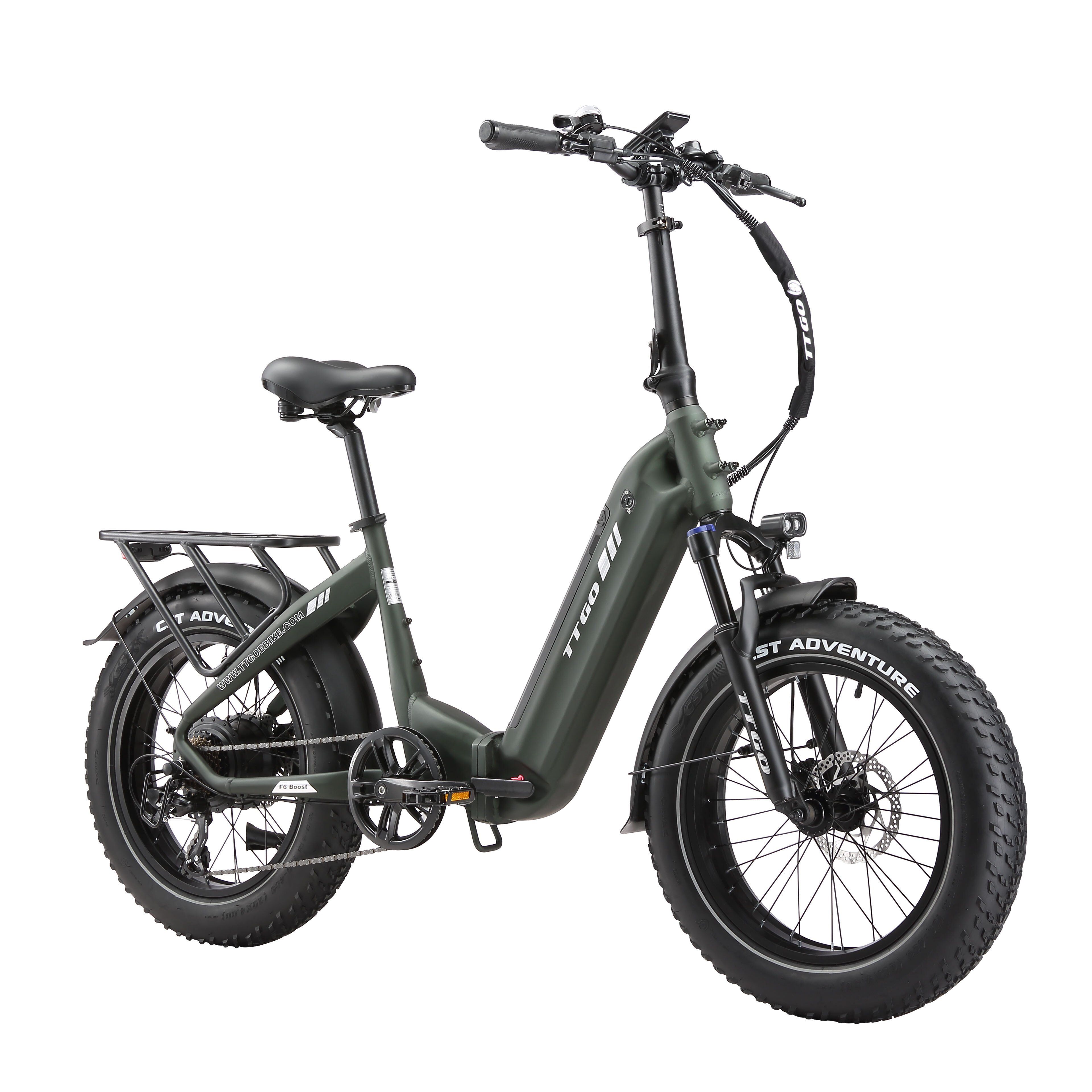 Faltbares E-Bike, olivgrün. Schwarze Reifen, Sattel und Lenker. Gepäckträger hinten. TTGO-Logo am Rahmen.