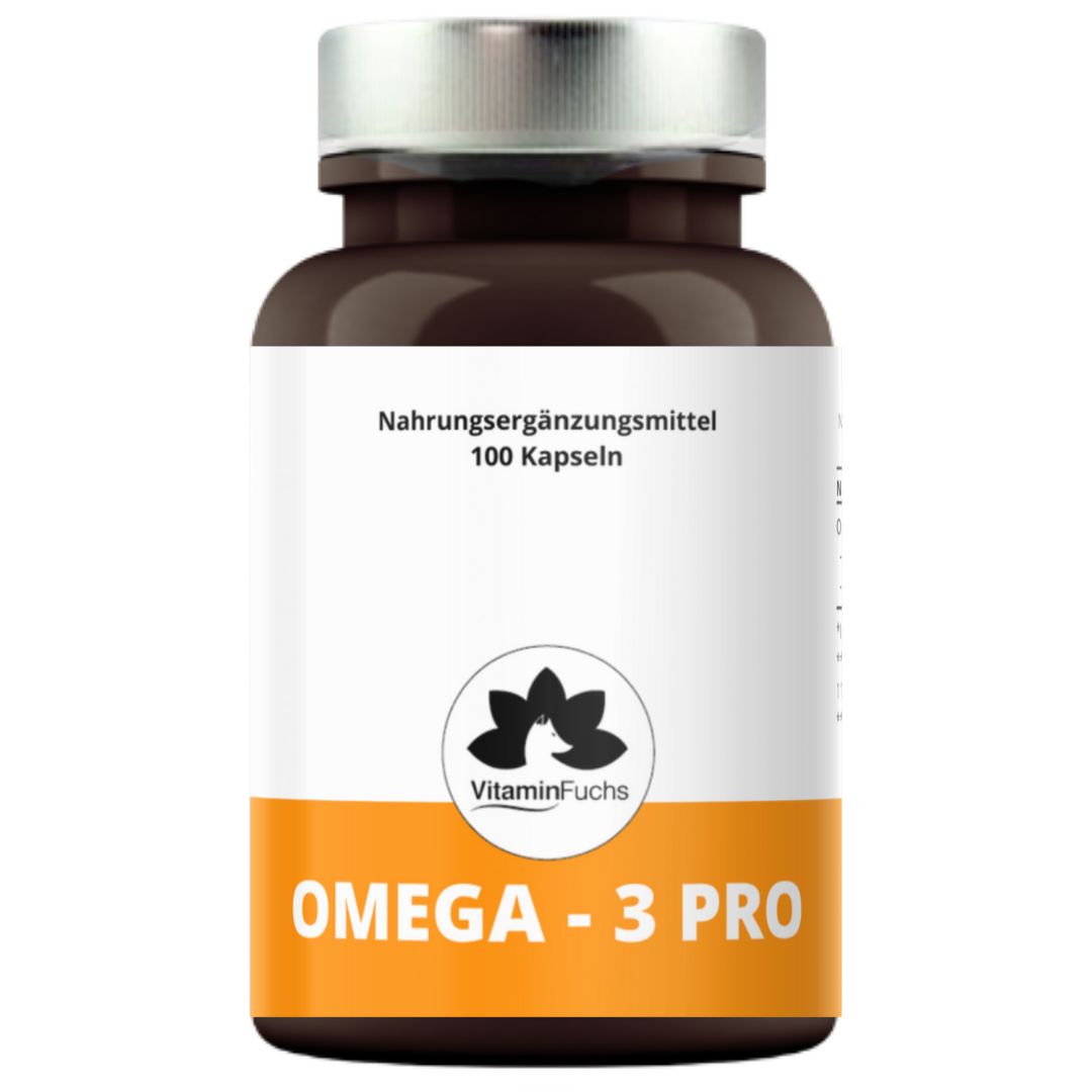 Braune Flasche mit weißem Etikett. Text: Nahrungsergänzungsmittel, 100 Kapseln, OMEGA-3 PRO. Logo: VitaminFuchs. Orangefarbener Streifen.