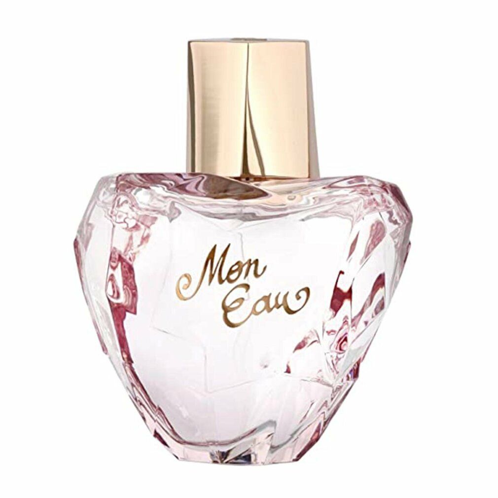 Herzförmiger, rosa Parfümflakon mit goldfarbenem Verschluss. Aufschrift "Mon Eau" in Gold.