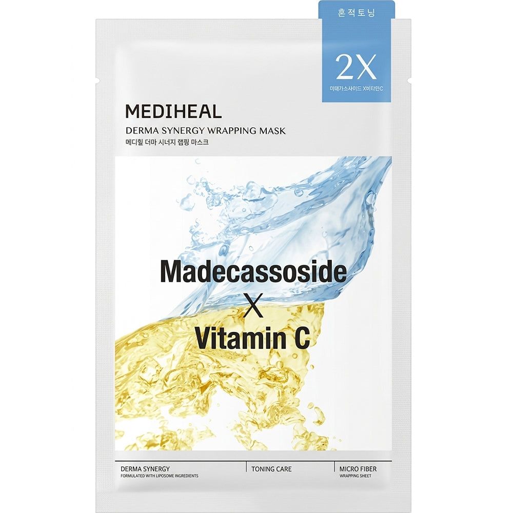 Verpackung mit Gesichtsmaske. Aufschrift: Madecassoside X Vitamin C. Marke: MEDIHEAL Derma Synergy Wrapping Mask. Enthält 2 Masken.