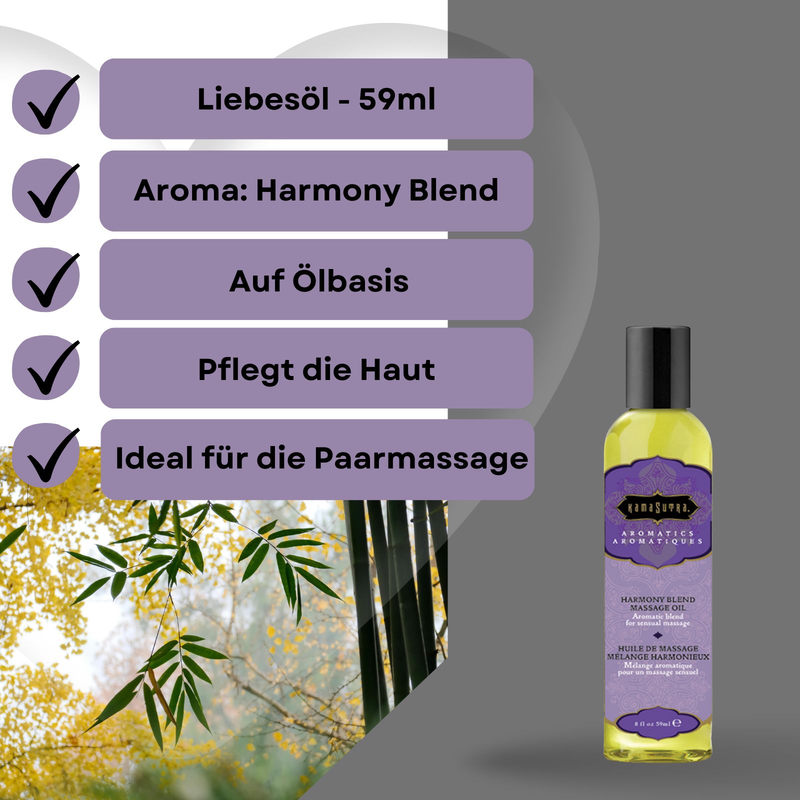 Massageöl-Flasche neben Textfeldern. Text: Liebesöl, Aroma Harmony Blend, auf Ölbasis, pflegt die Haut, ideal für Paarmassage.