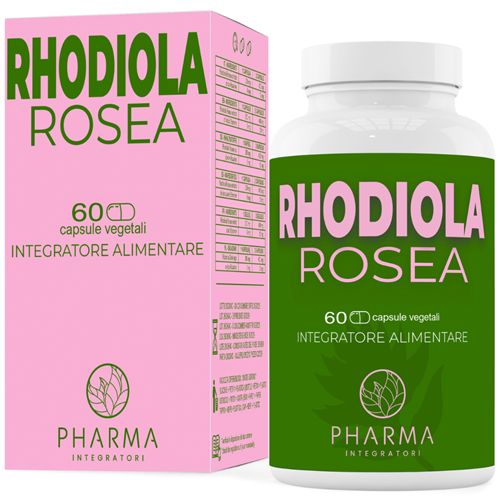 Produktverpackung und Flasche. Rosa Schachtel und weiße Flasche mit grünem Etikett. Text: RHODIOLA ROSEA.