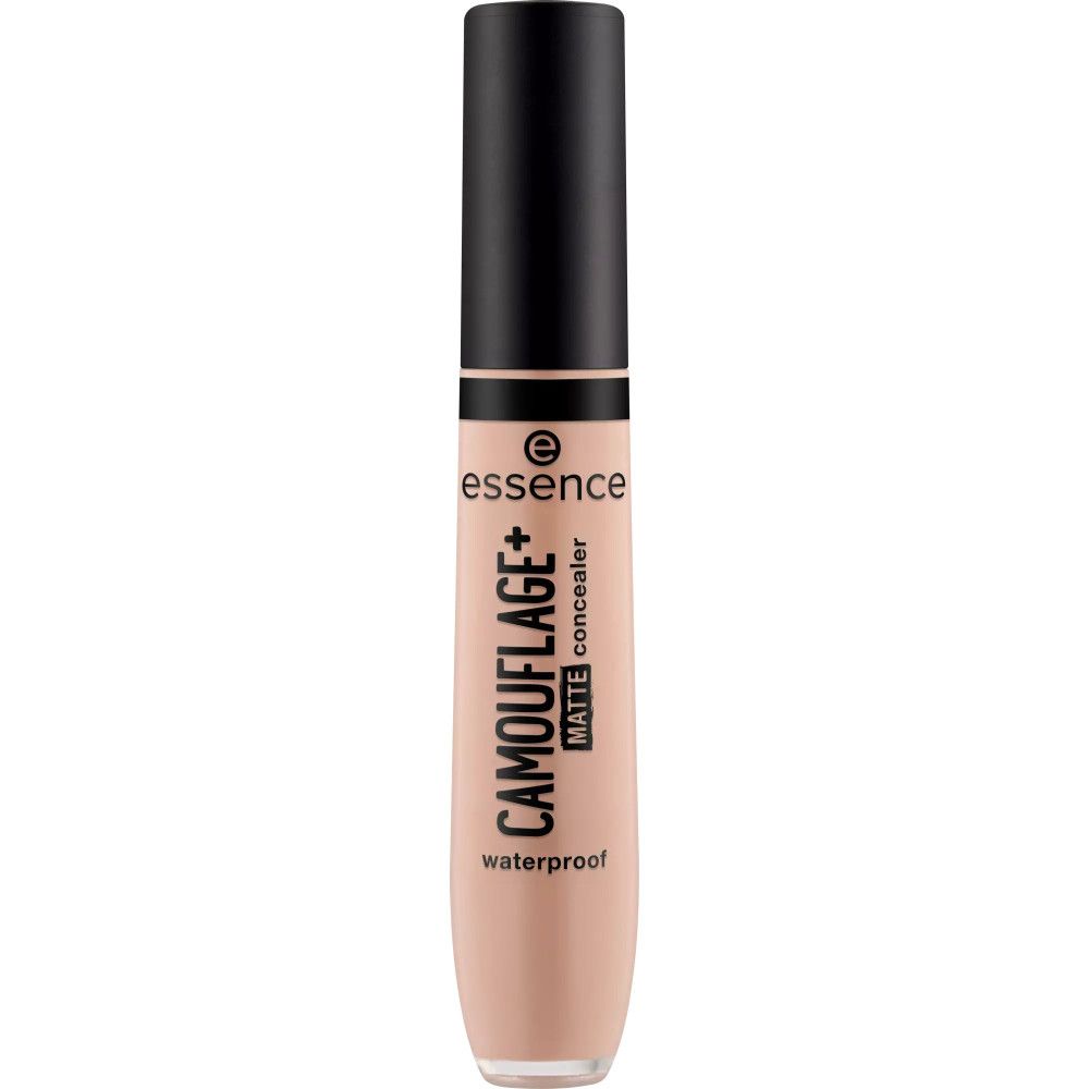 Concealer-Tube mit schwarzem Deckel. Aufschrift: essence, CAMOUFLAGE+ MATTE concealer, waterproof. Farbton: hellbeige.
