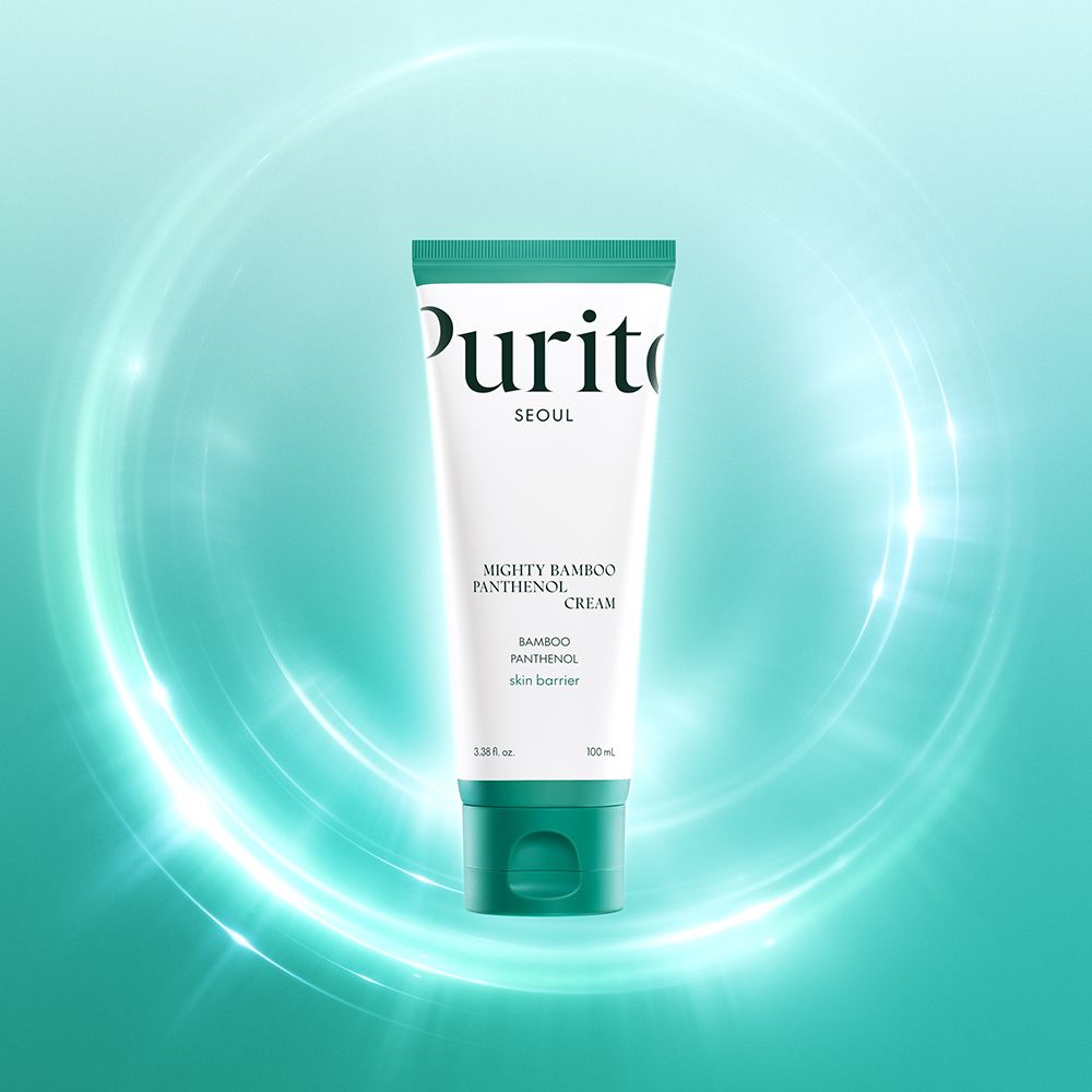 Purito Mighty Bamboo Panthenol Cream Tube mit leuchtenden Ringen.